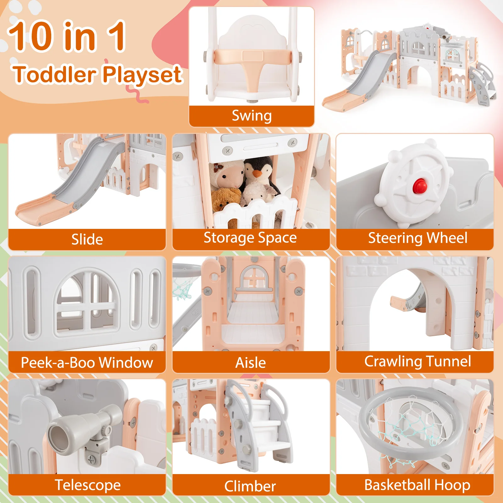 10 in 1 Toddler Swing and Slide Set, Baby Indoor Playground for Ages 1+ Years Old - Image 3