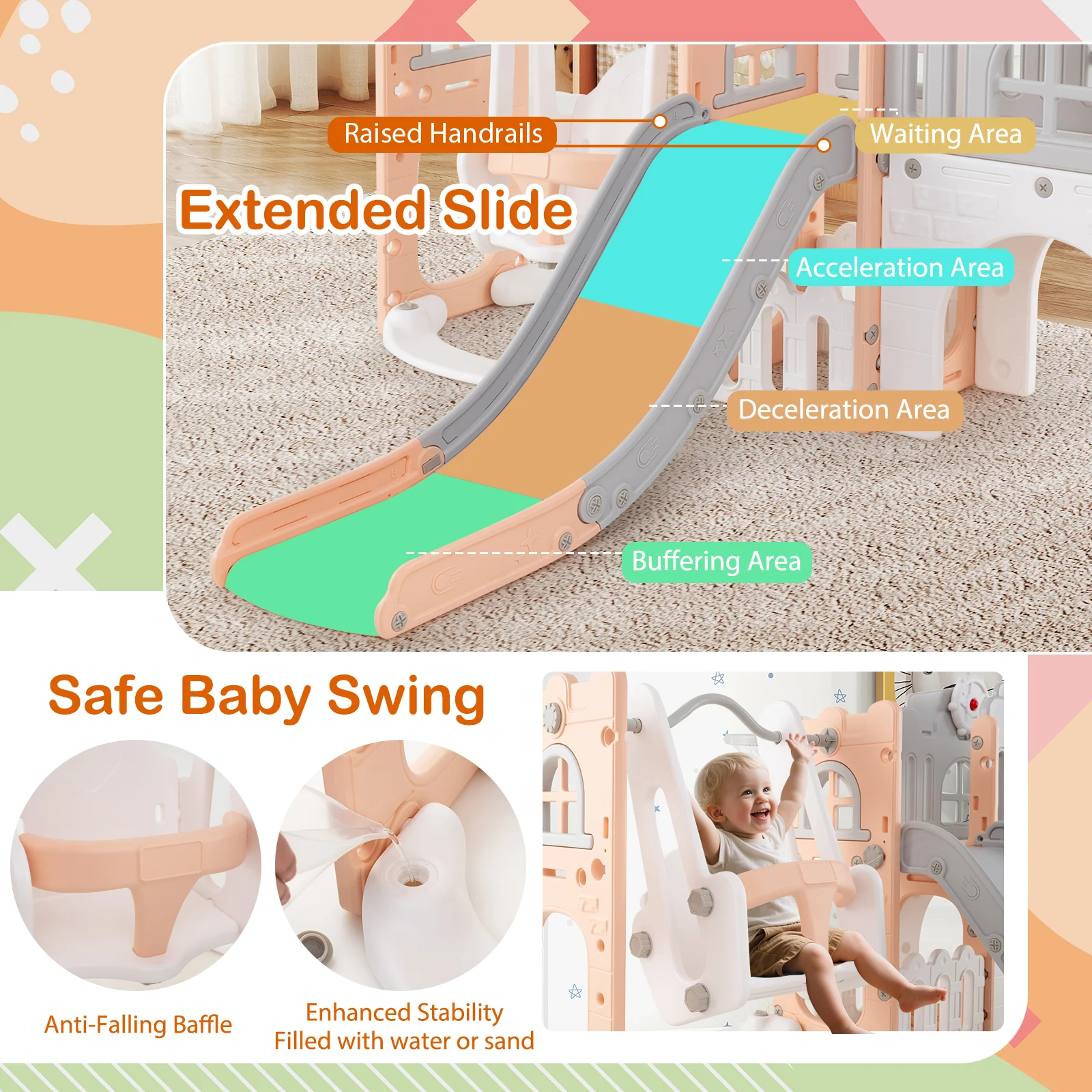10 in 1 Toddler Swing and Slide Set, Baby Indoor Playground for Ages 1+ Years Old - Image 4