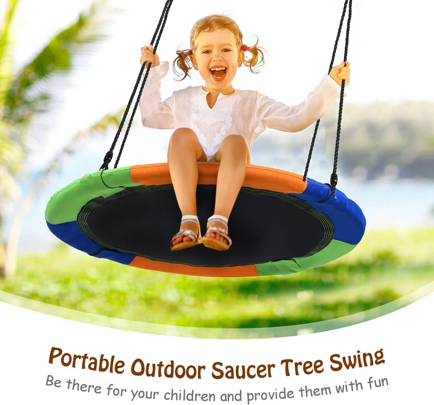 100 cm Flying Saucer Tree Swing for Kids, Play Swing with Adjustable Ropes - Image 2