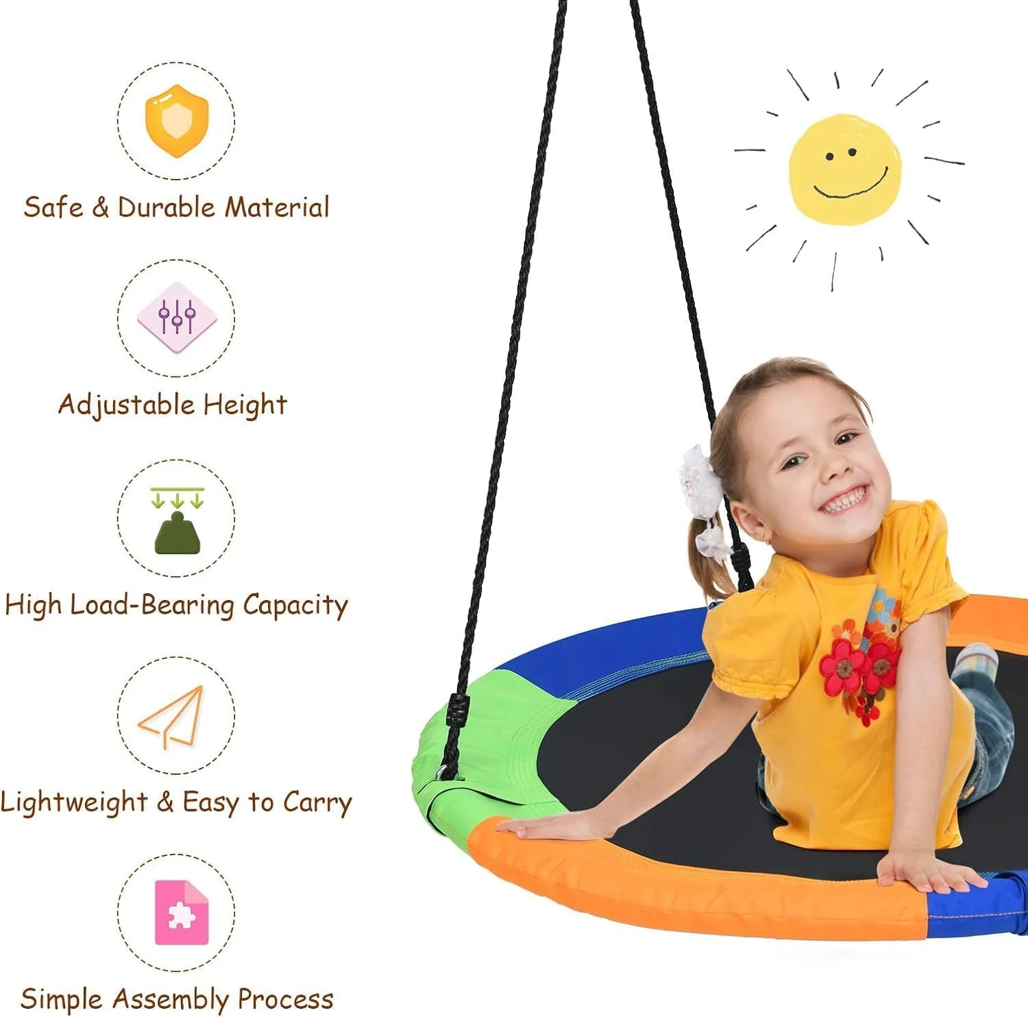 100 cm Flying Saucer Tree Swing for Kids, Play Swing with Adjustable Ropes - Image 7