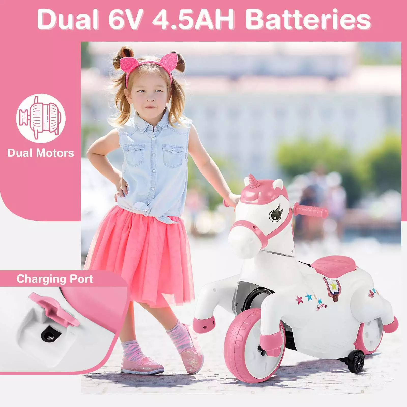 12V Unicorn Ride on Motorcycle Toy Kids Ride on Car Pony with Training Wheels - Image 7