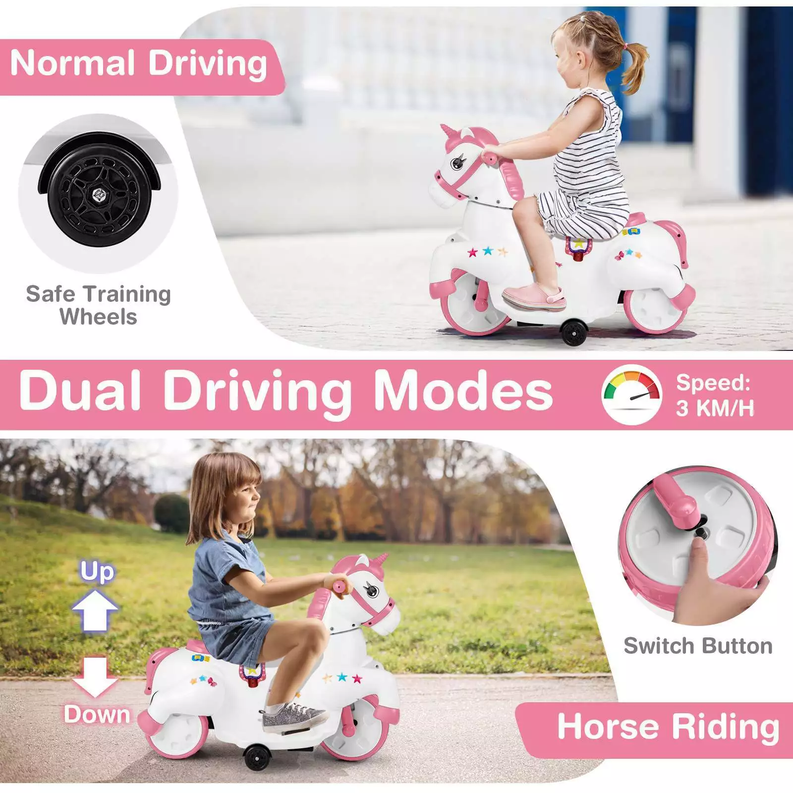 12V Unicorn Ride on Motorcycle Toy Kids Ride on Car Pony with Training Wheels - Image 8