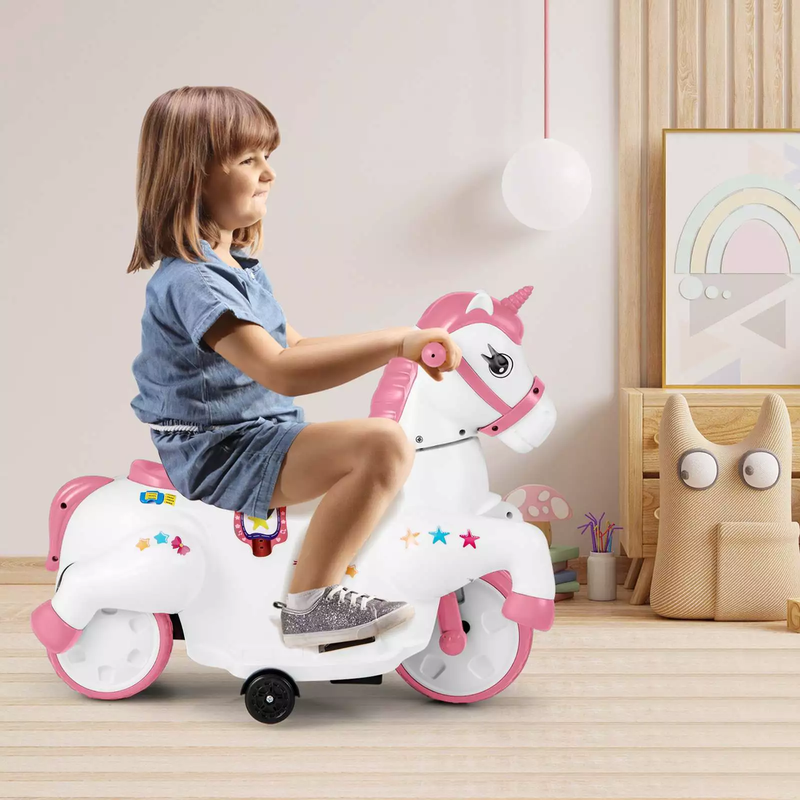 12V Unicorn Ride on Motorcycle Toy Kids Ride on Car Pony with Training Wheels - Image 9
