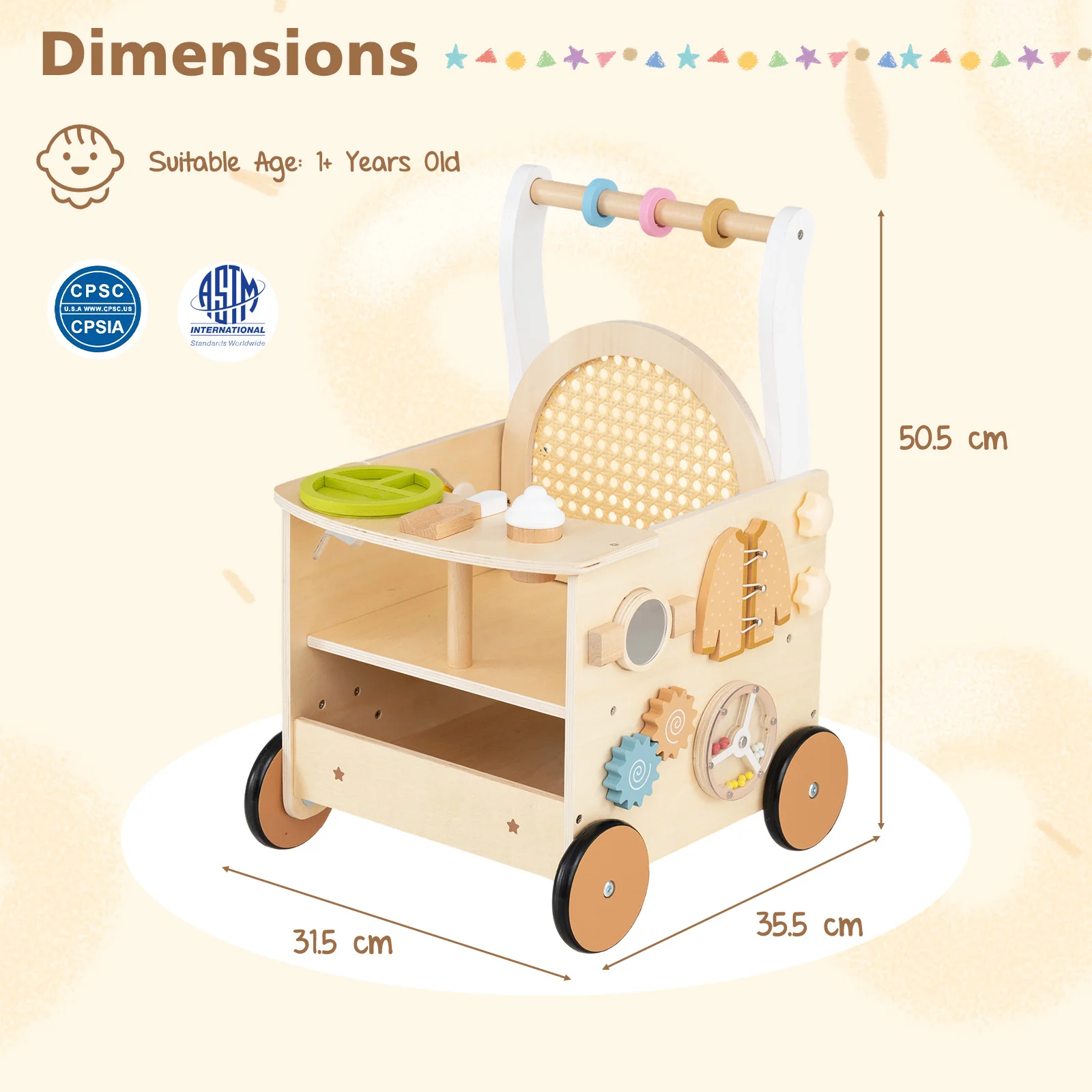 13-In-1 Toddler Push Walker with Wheels & Storage, Montessori Activity Center, Learning Activity Walker - Image 10