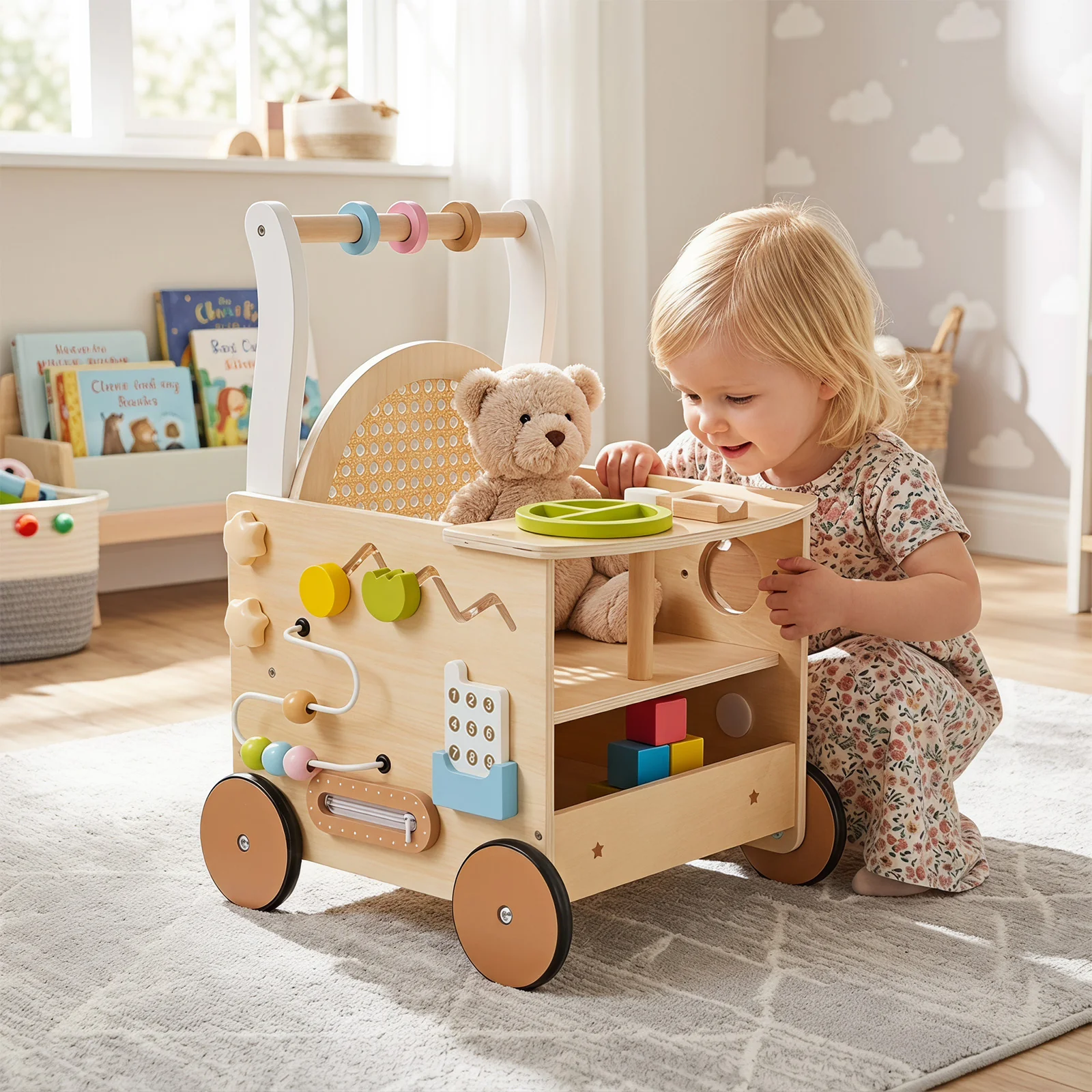 13-In-1 Toddler Push Walker with Wheels & Storage, Montessori Activity Center, Learning Activity Walker - Image 3