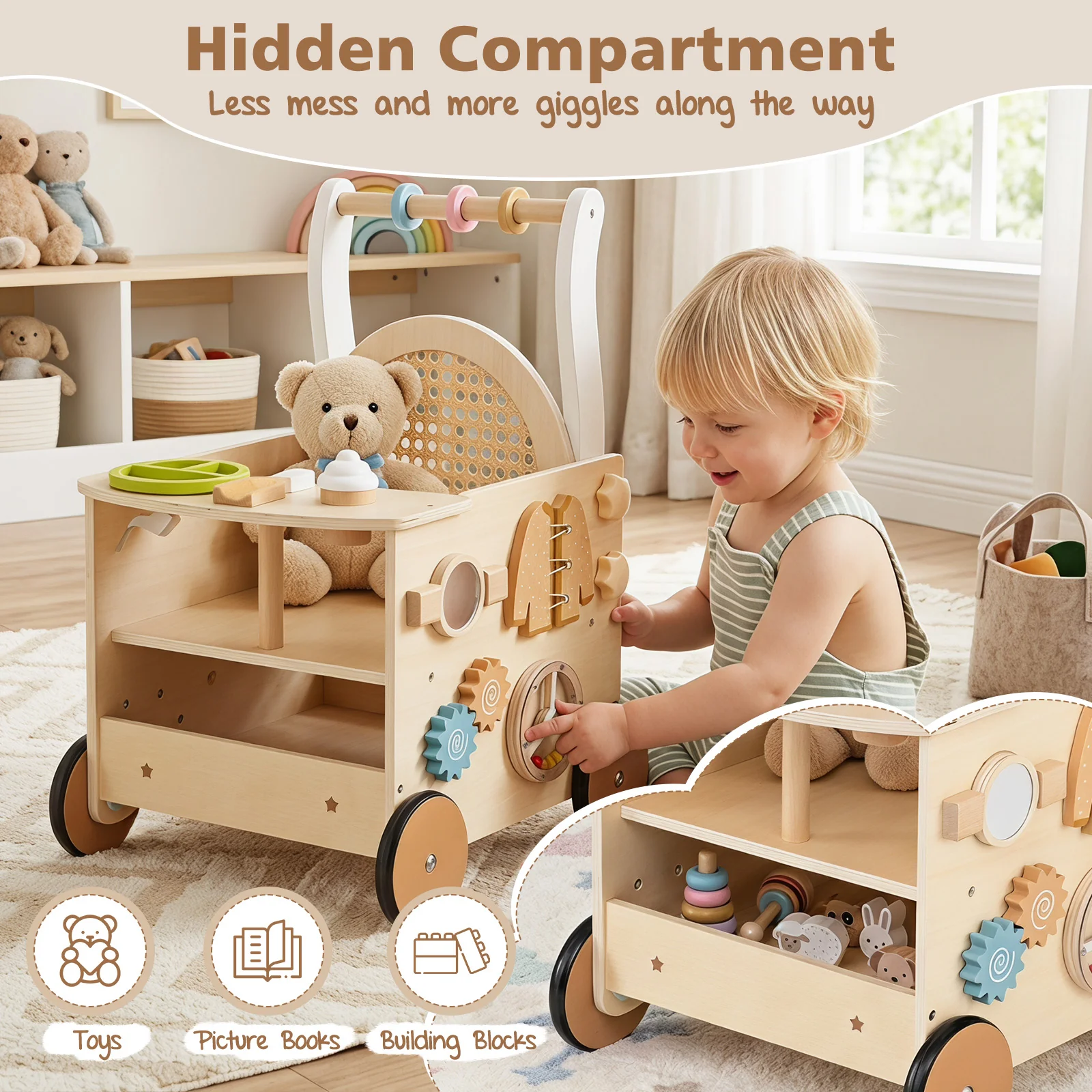 13-In-1 Toddler Push Walker with Wheels & Storage, Montessori Activity Center, Learning Activity Walker - Image 6