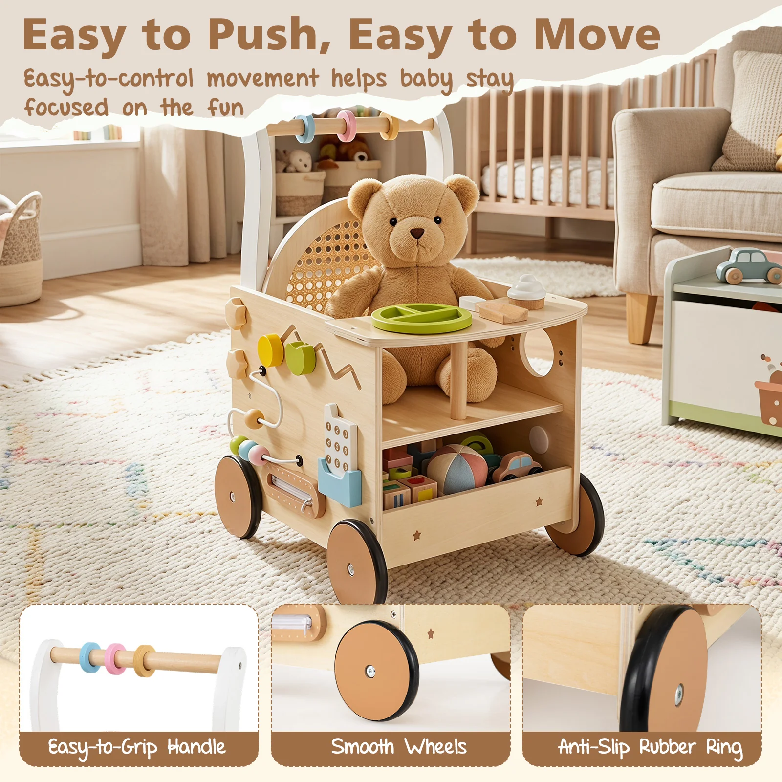13-In-1 Toddler Push Walker with Wheels & Storage, Montessori Activity Center, Learning Activity Walker - Image 7