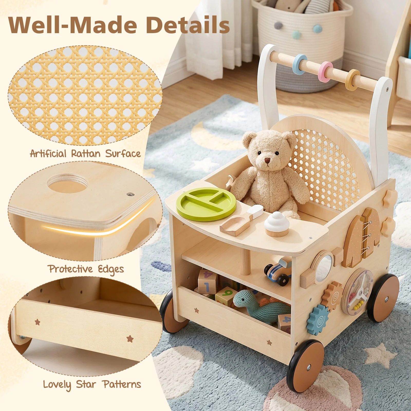 13-In-1 Toddler Push Walker with Wheels & Storage, Montessori Activity Center, Learning Activity Walker - Image 8