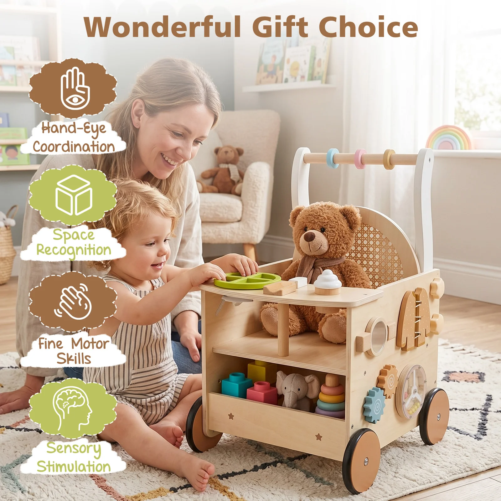 13-In-1 Toddler Push Walker with Wheels & Storage, Montessori Activity Center, Learning Activity Walker - Image 9