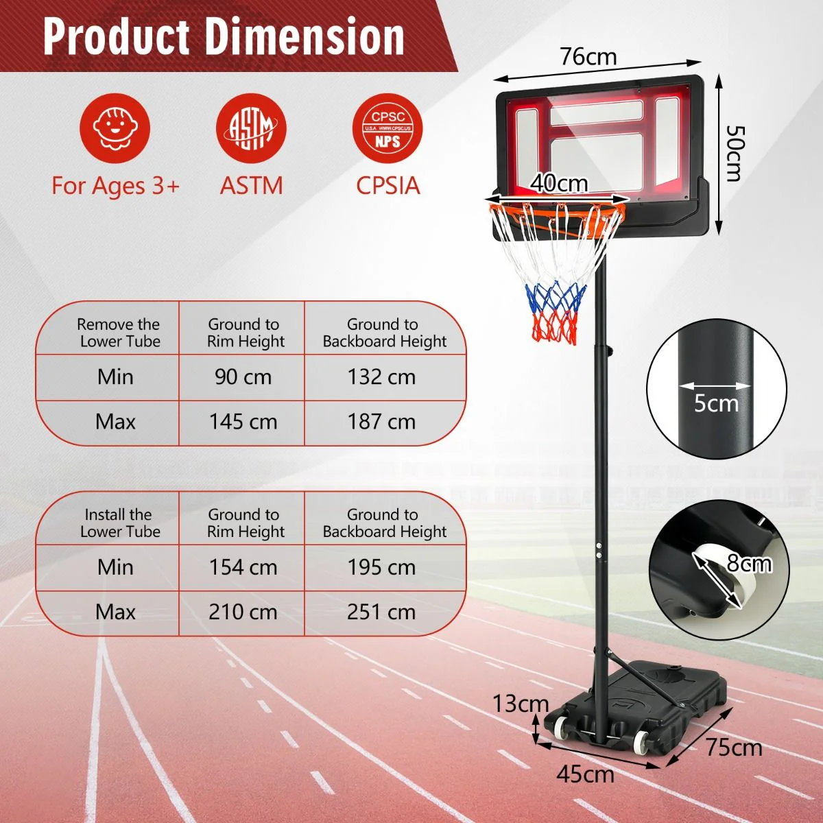 132-251cm Weather-resistance Kids Basketball Hoop with Ball Storage - Image 10