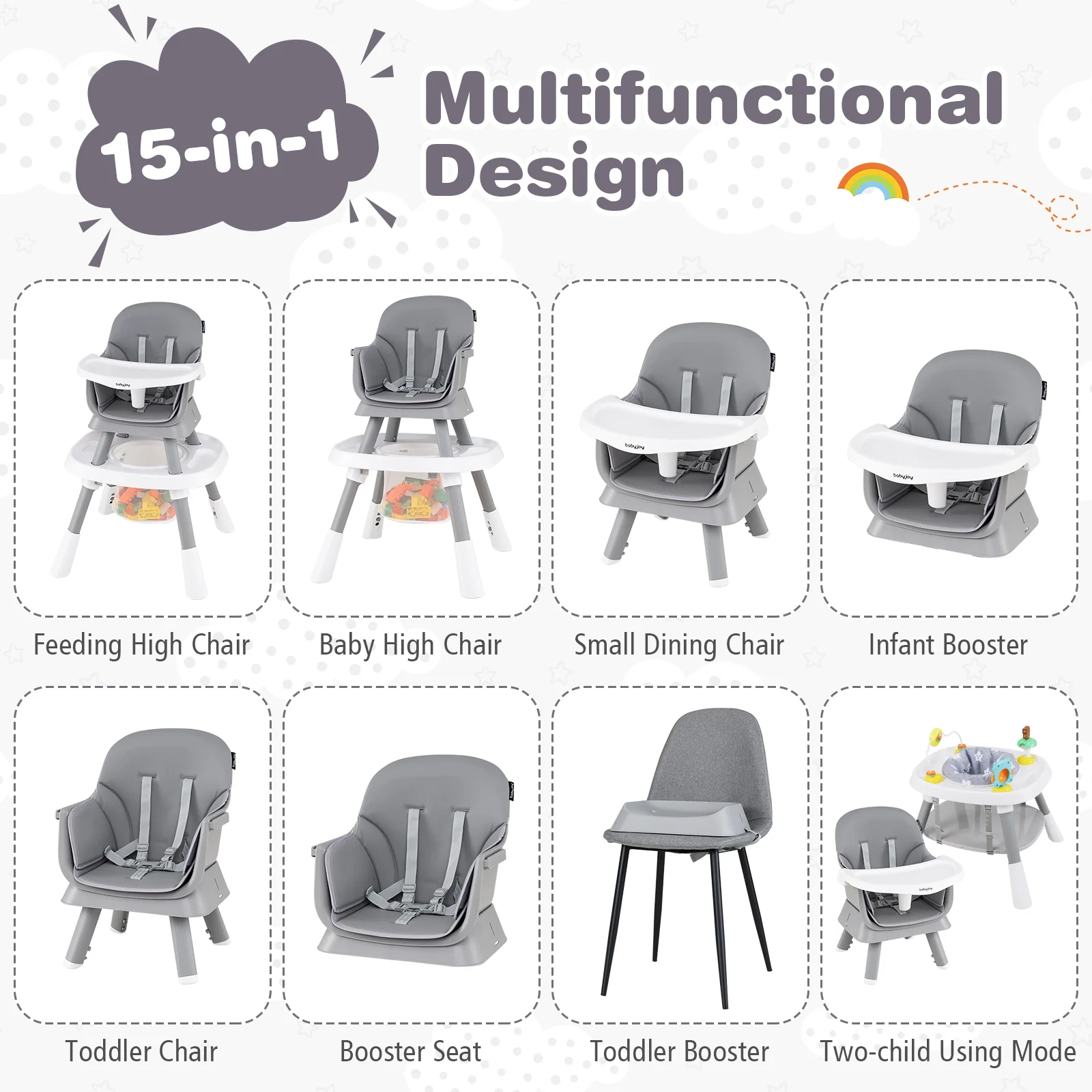 15-in-1 Convertible Baby High Chair, Multifunctional Kids Table & Chair Set - Image 5