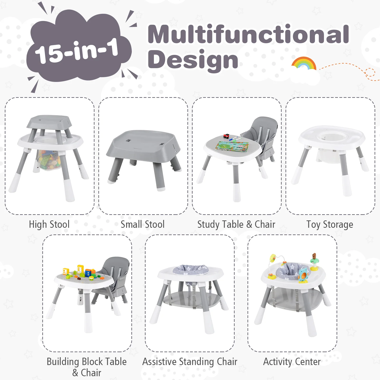 15-in-1 Convertible Baby High Chair, Multifunctional Kids Table & Chair Set - Image 6