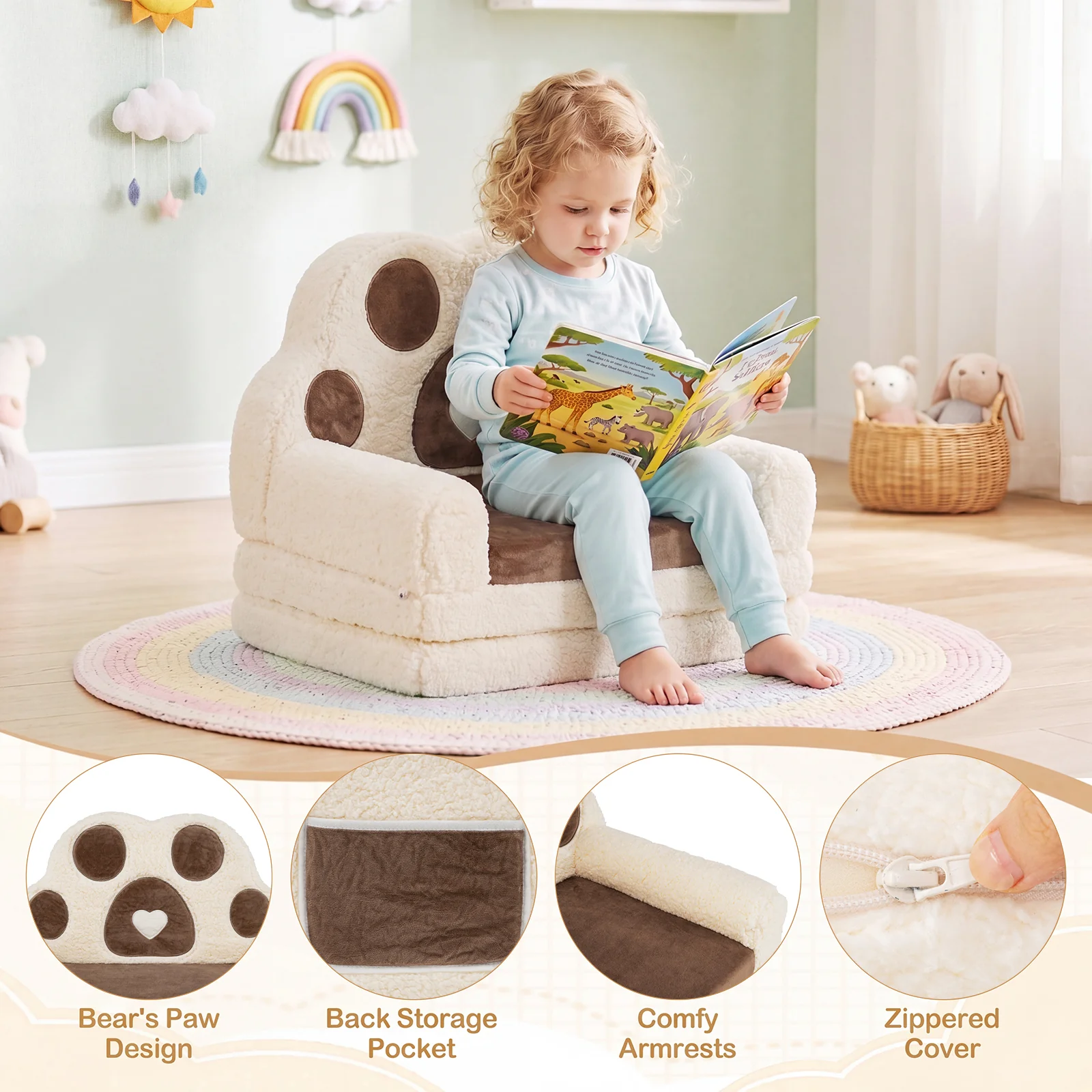 2-in-1 Convertible Kids Sofa to Lounger with Removable Cover, Bunny/Bear's Paw/Christmas Patterns - Image 10
