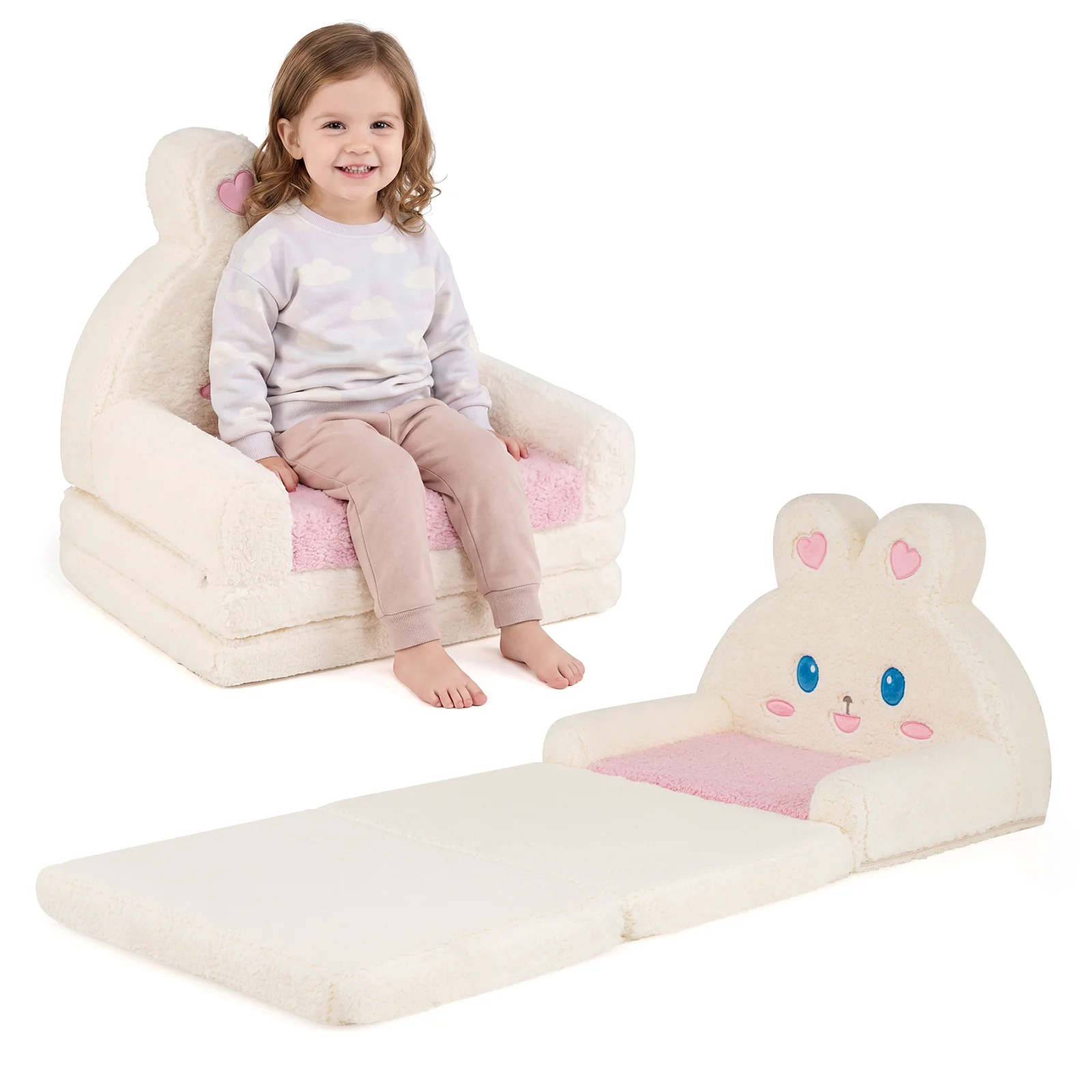 2-in-1 Convertible Kids Sofa to Lounger with Removable Cover, Bunny/Bear's Paw/Christmas Patterns - Image 13