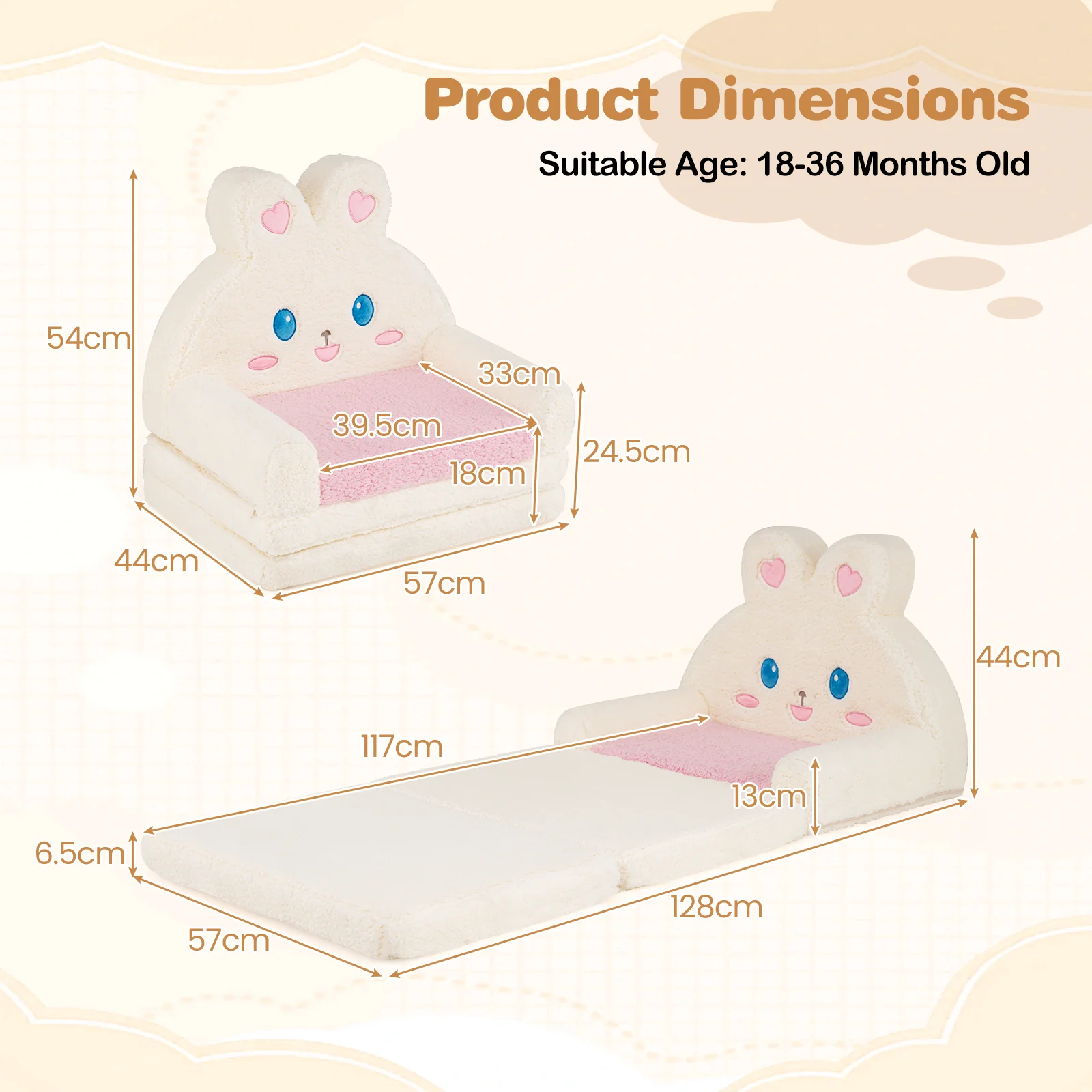 2-in-1 Convertible Kids Sofa to Lounger with Removable Cover, Bunny/Bear's Paw/Christmas Patterns - Image 14