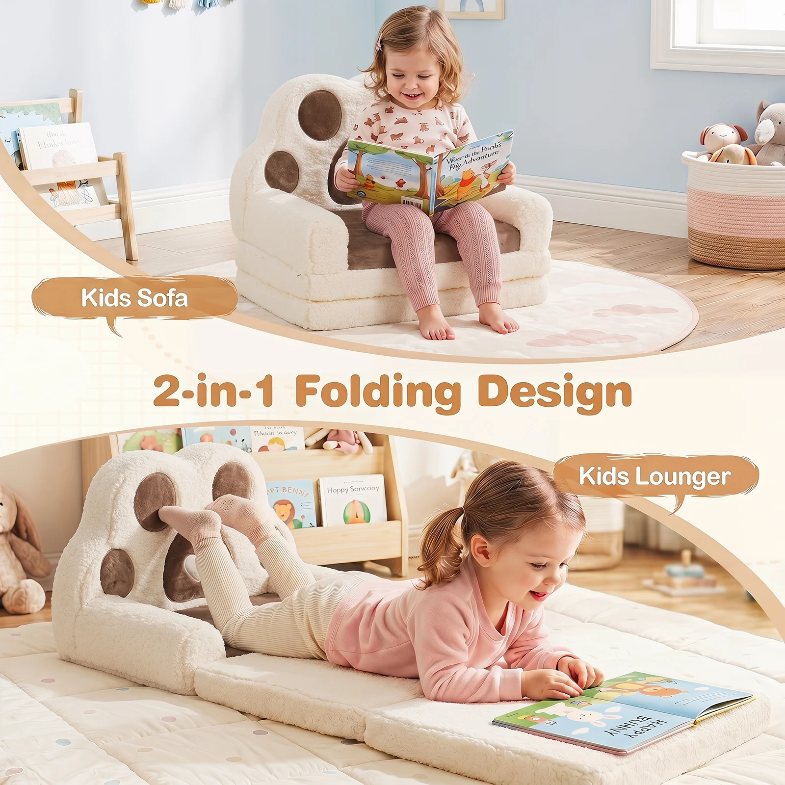 2-in-1 Convertible Kids Sofa to Lounger with Removable Cover, Bunny/Bear's Paw/Christmas Patterns - Image 3