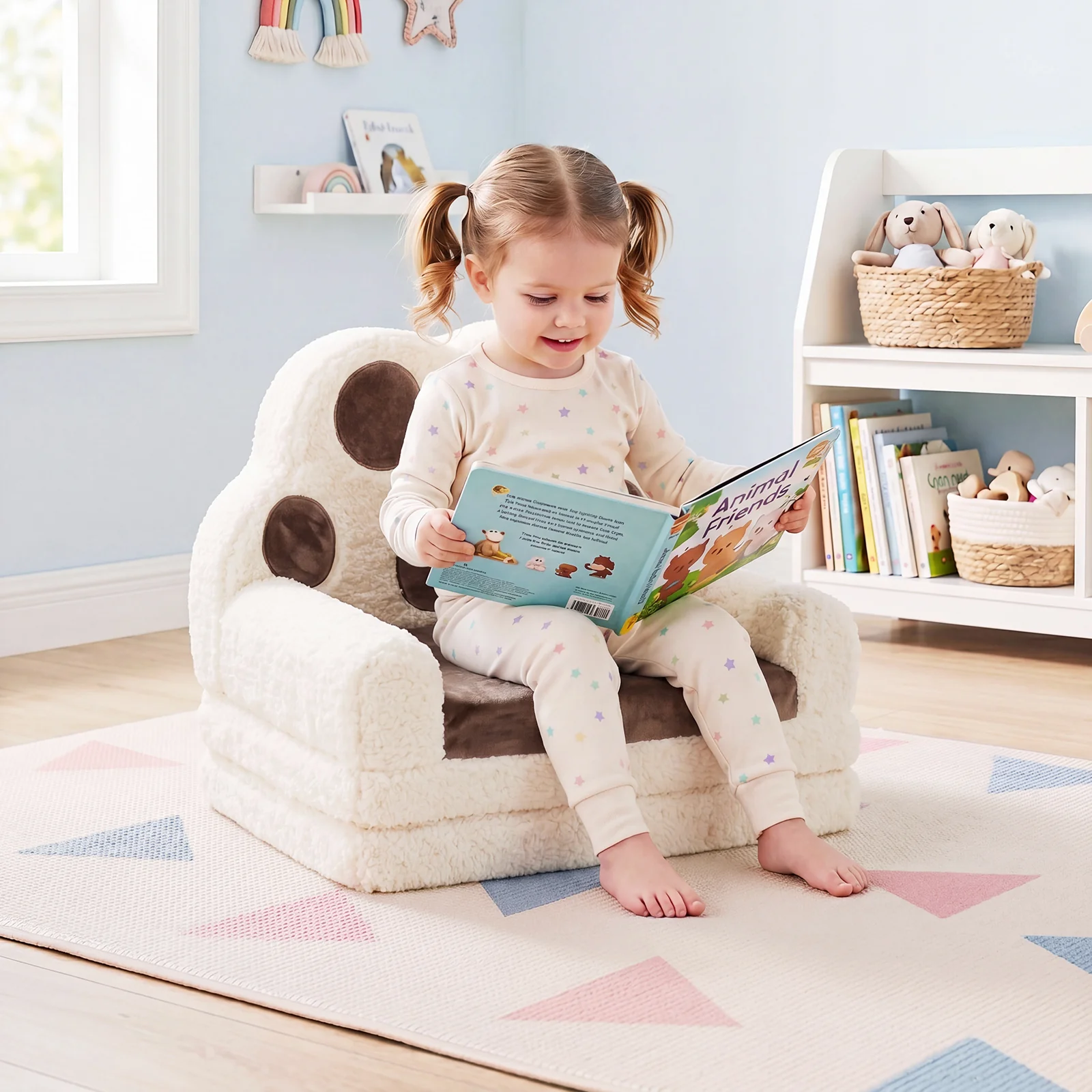 2-in-1 Convertible Kids Sofa to Lounger with Removable Cover, Bunny/Bear's Paw/Christmas Patterns - Image 4