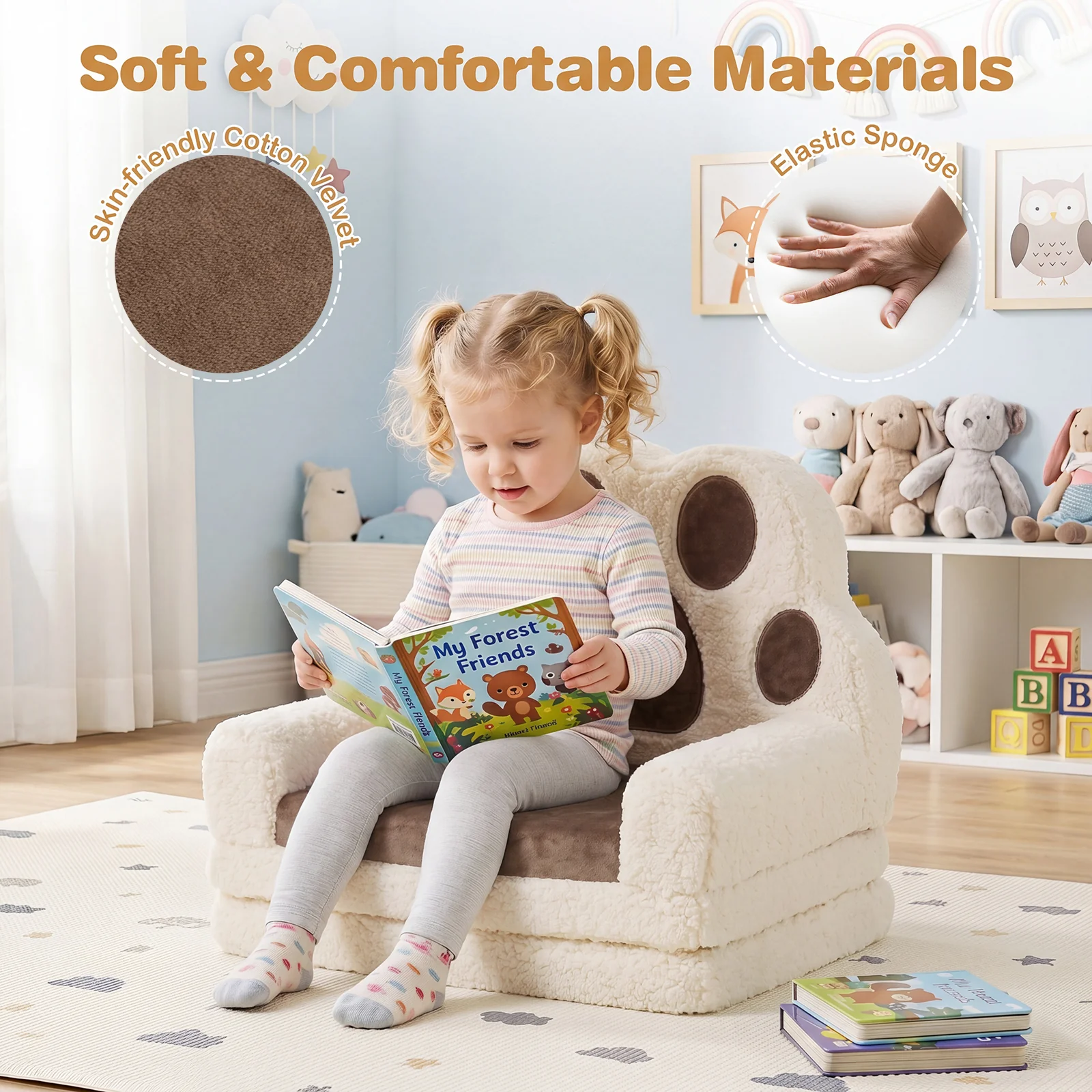 2-in-1 Convertible Kids Sofa to Lounger with Removable Cover, Bunny/Bear's Paw/Christmas Patterns - Image 6