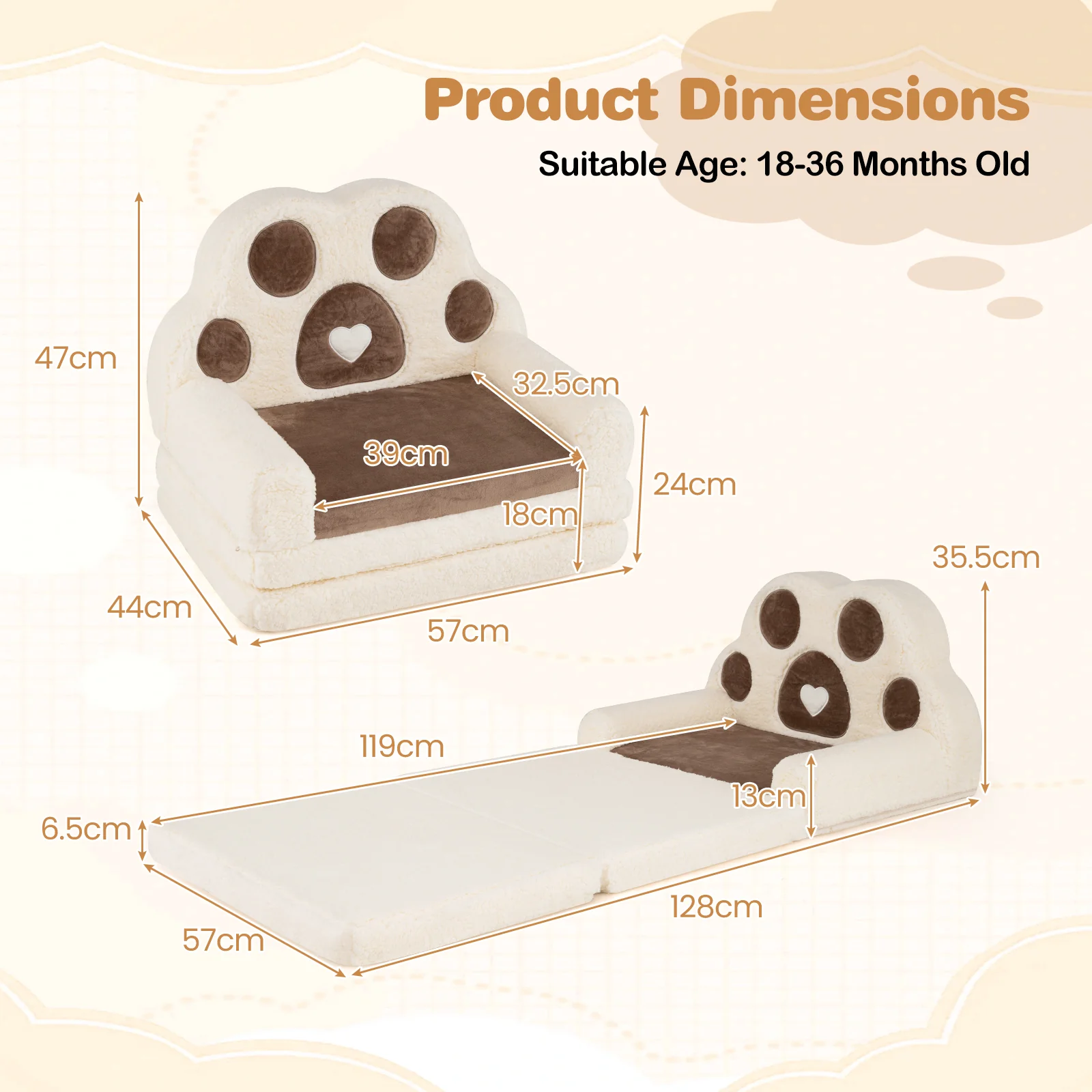 2-in-1 Convertible Kids Sofa to Lounger with Removable Cover, Bunny/Bear's Paw/Christmas Patterns - Image 7