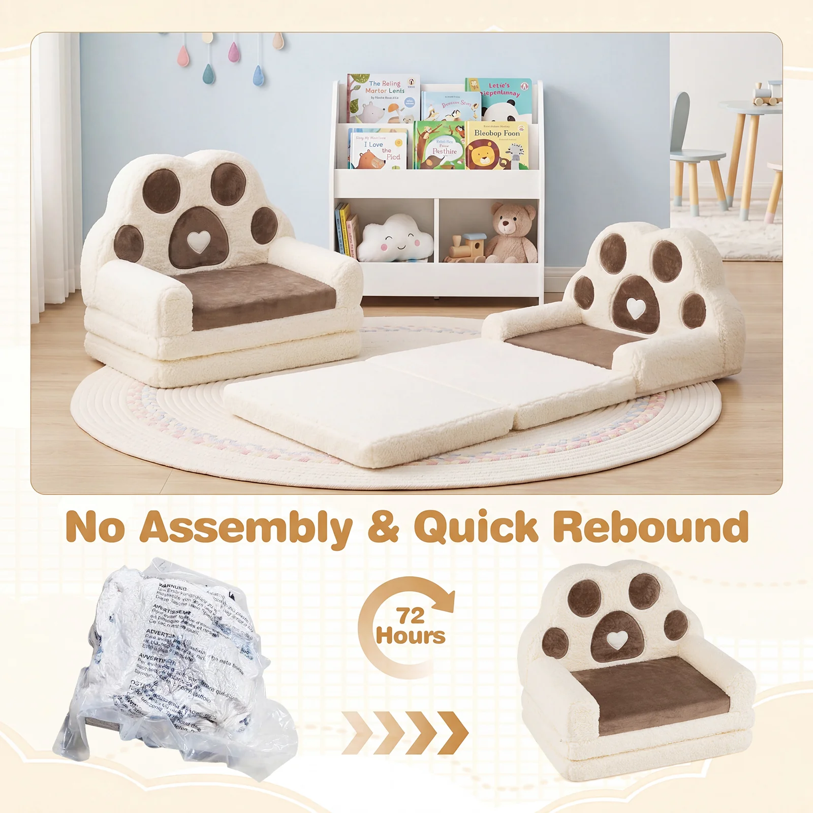 2-in-1 Convertible Kids Sofa to Lounger with Removable Cover, Bunny/Bear's Paw/Christmas Patterns - Image 8