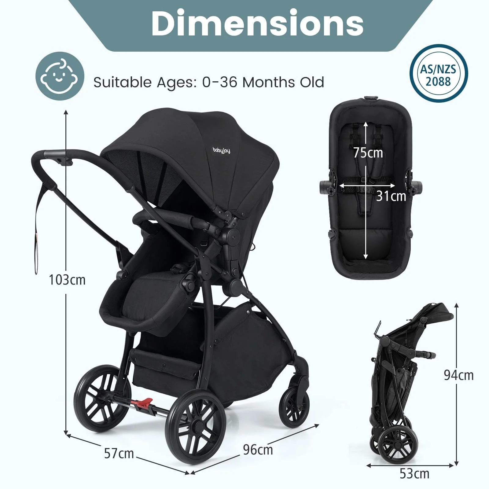 2-in-1 Foldable Baby Stroller with Reversible Seat and Adjustable Backrest - Image 6