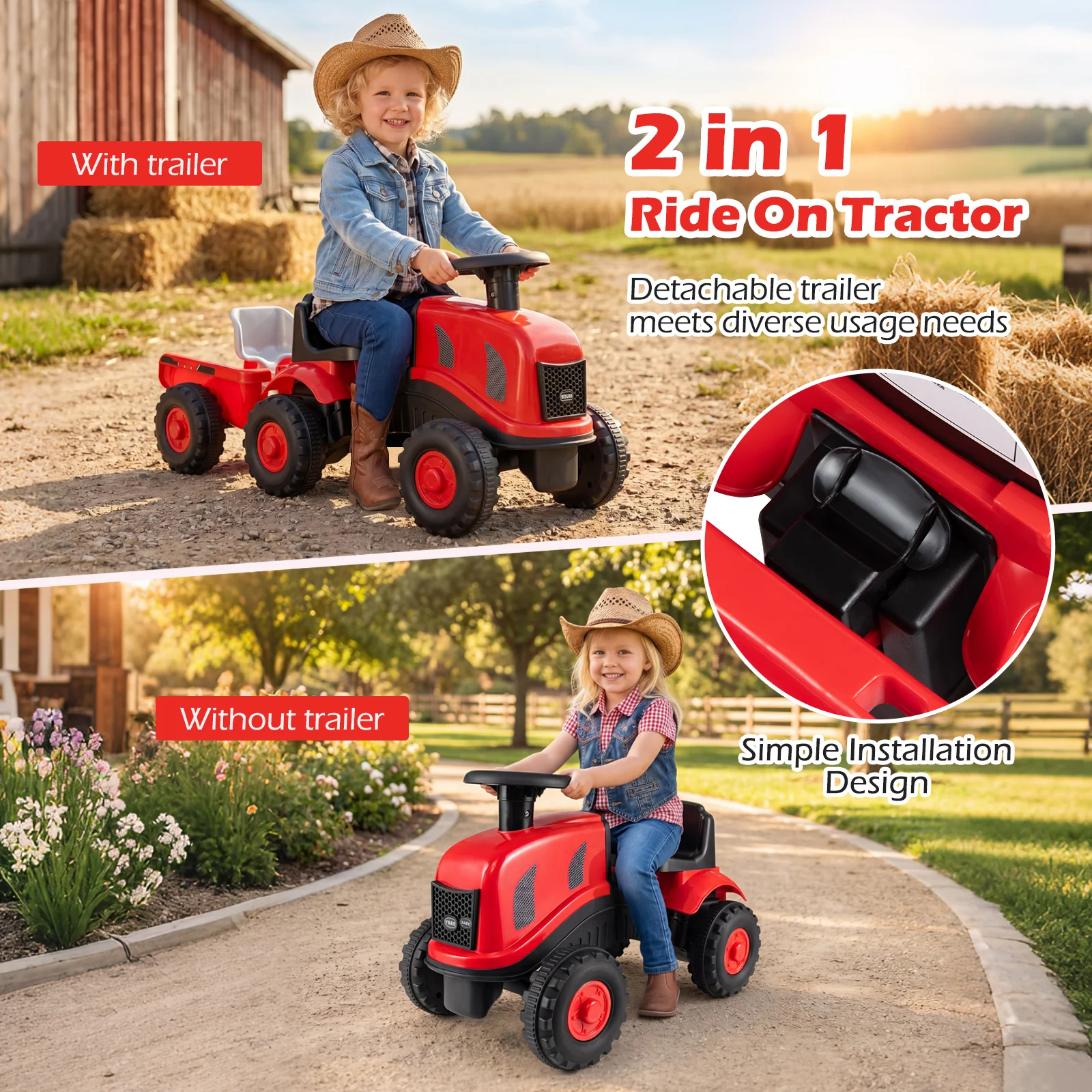 2-in-1 Ride on Tractor with Detachable Trailer, Foot-to-Floor Sliding Car with Air Horn, Dashboard, Shovel and Rake - Image 10