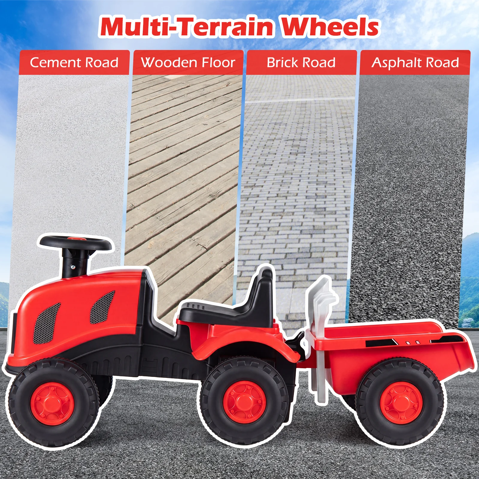 2-in-1 Ride on Tractor with Detachable Trailer, Foot-to-Floor Sliding Car with Air Horn, Dashboard, Shovel and Rake - Image 11