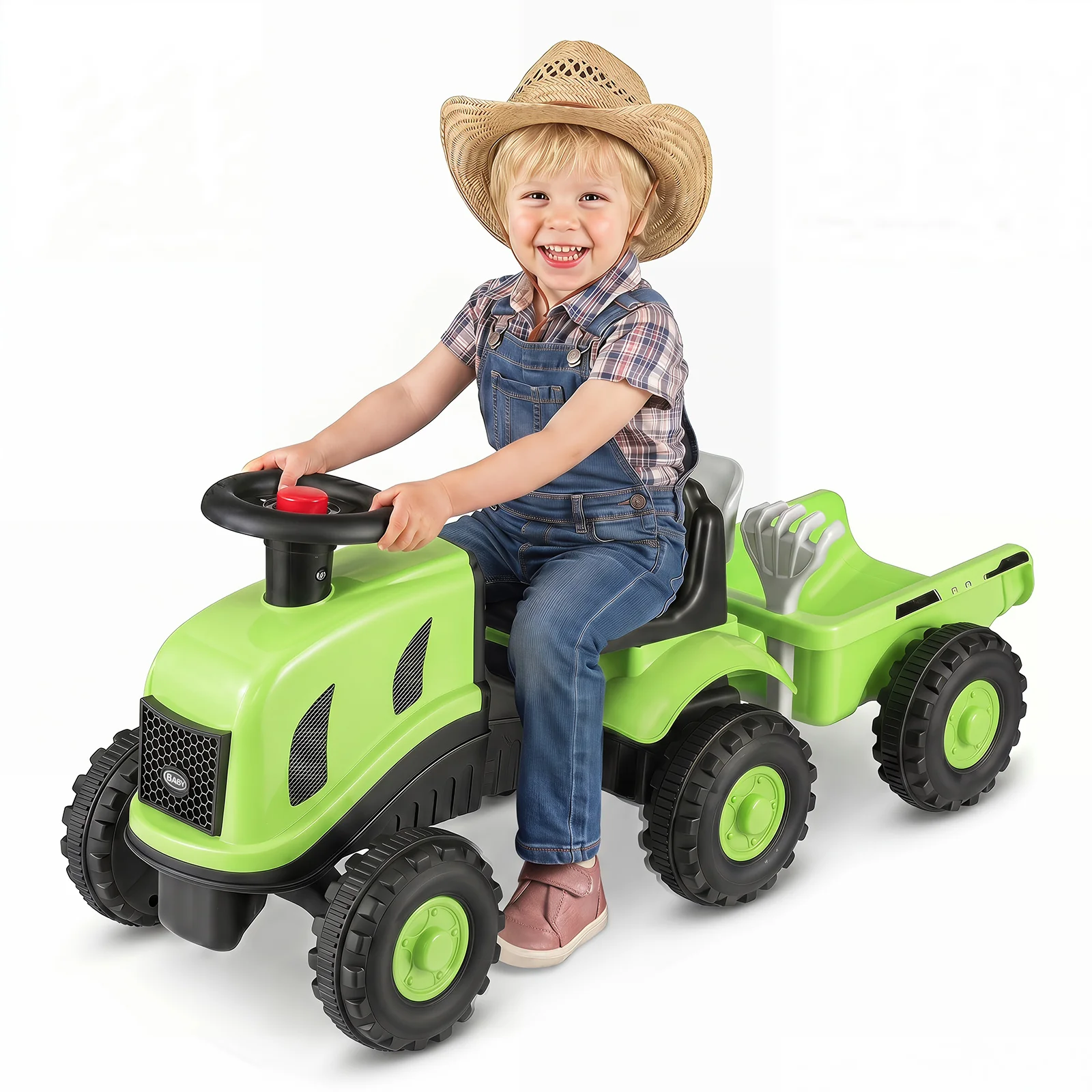 2-in-1 Ride on Tractor with Detachable Trailer, Foot-to-Floor Sliding Car with Air Horn, Dashboard, Shovel and Rake - Image 12