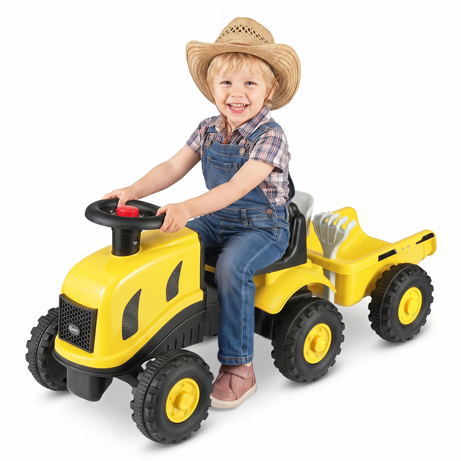 2-in-1 Ride on Tractor with Detachable Trailer, Foot-to-Floor Sliding Car with Air Horn, Dashboard, Shovel and Rake - Image 13