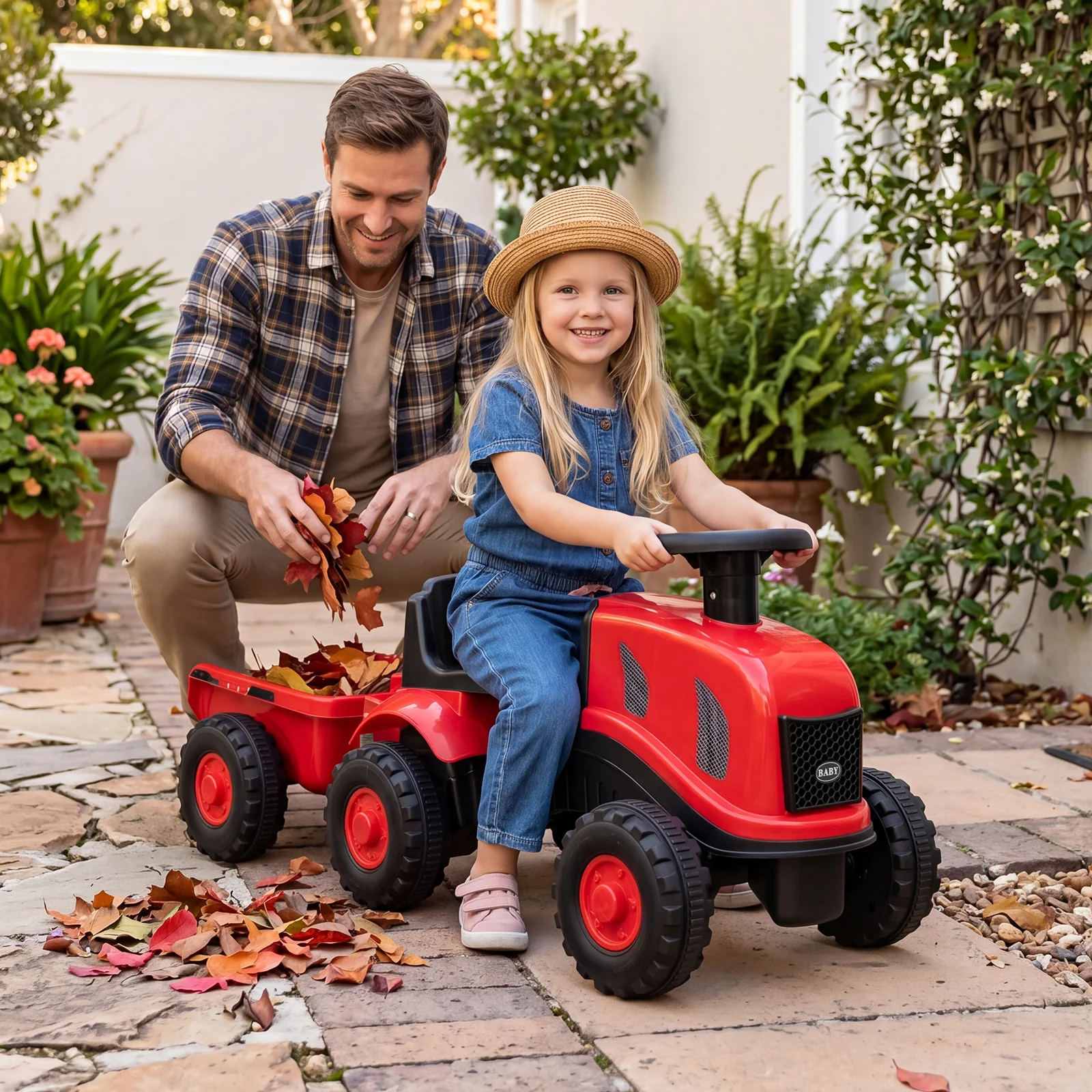 2-in-1 Ride on Tractor with Detachable Trailer, Foot-to-Floor Sliding Car with Air Horn, Dashboard, Shovel and Rake - Image 2