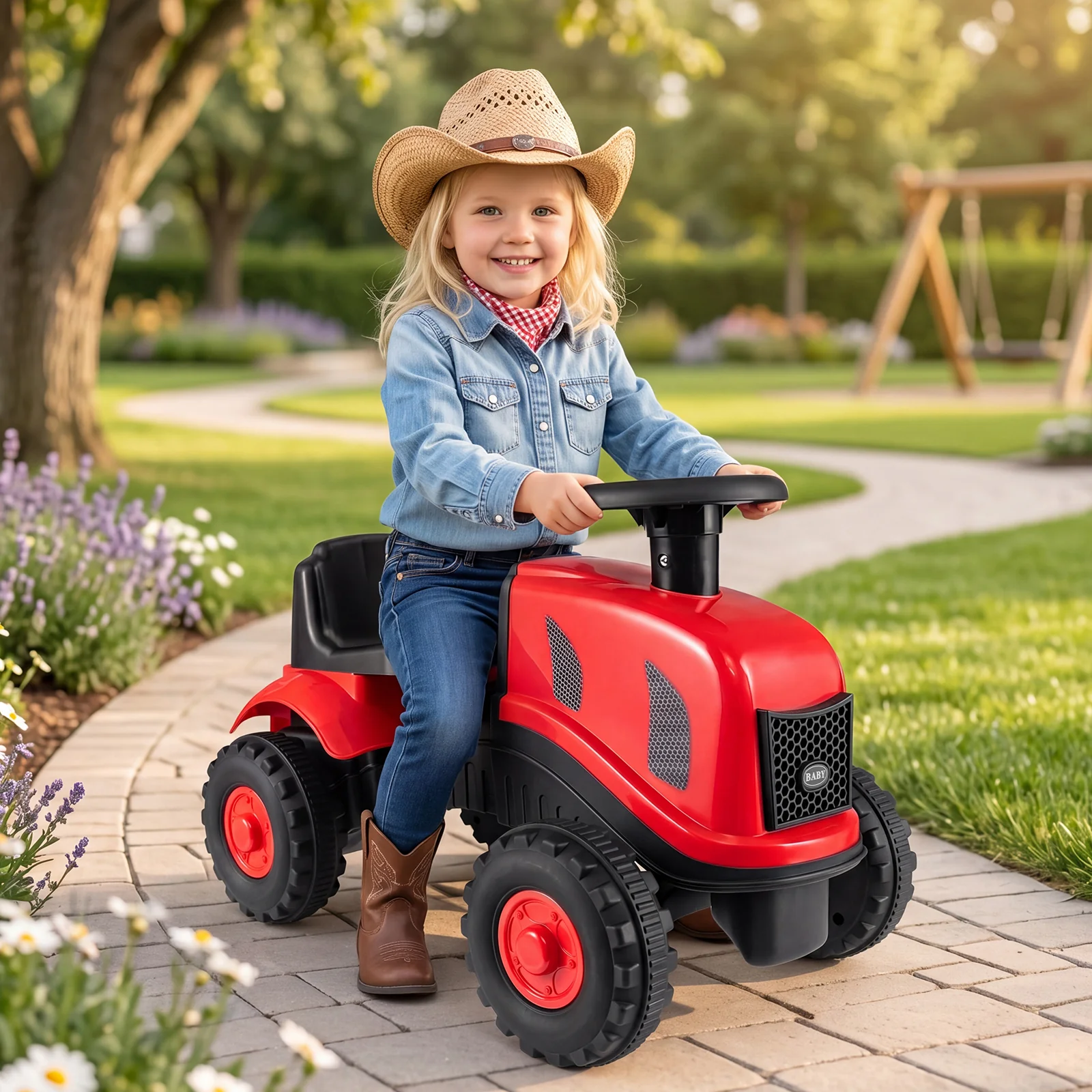 2-in-1 Ride on Tractor with Detachable Trailer, Foot-to-Floor Sliding Car with Air Horn, Dashboard, Shovel and Rake - Image 3