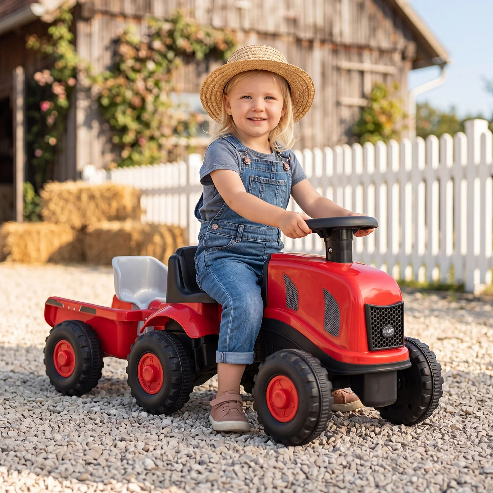 2-in-1 Ride on Tractor with Detachable Trailer, Foot-to-Floor Sliding Car with Air Horn, Dashboard, Shovel and Rake - Image 4