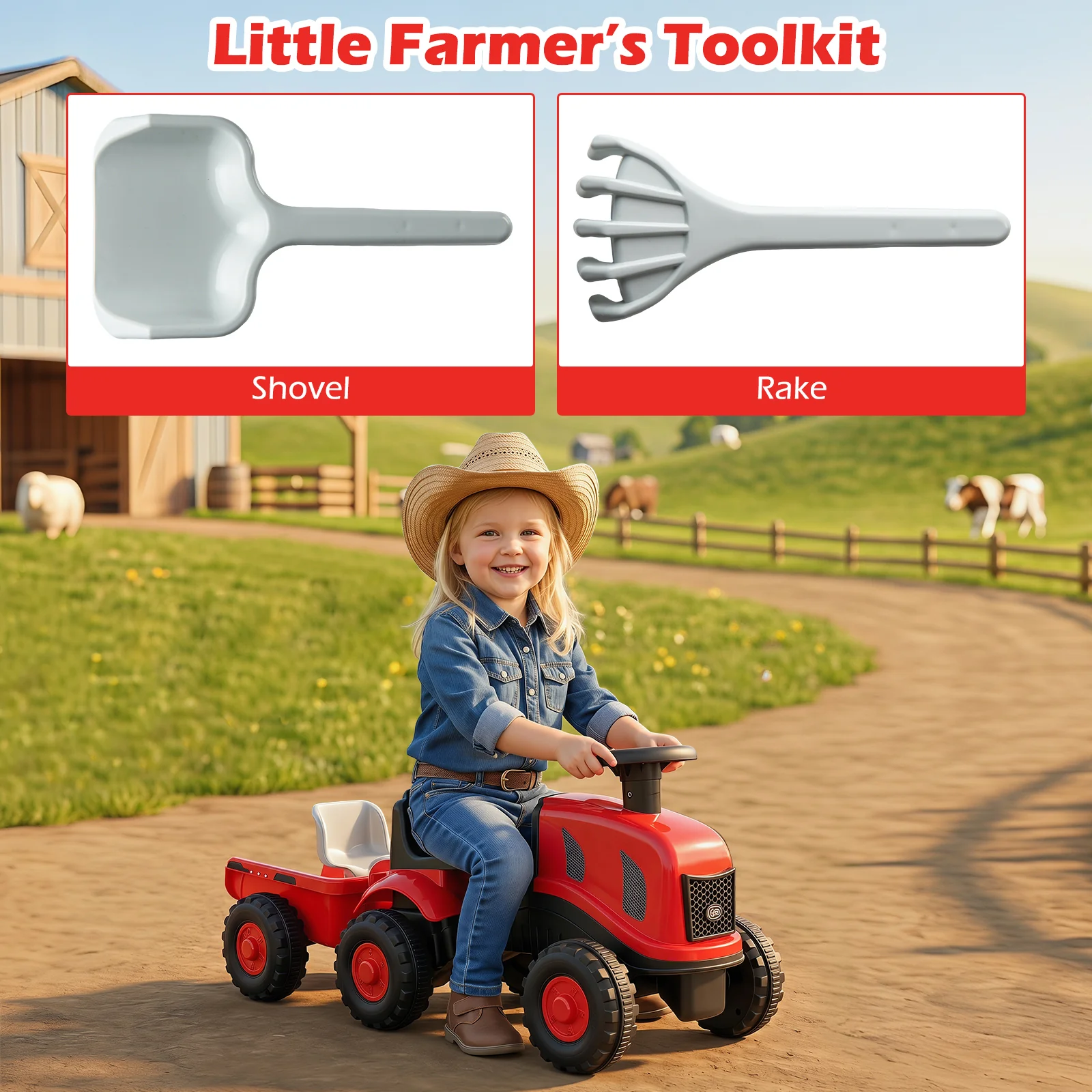 2-in-1 Ride on Tractor with Detachable Trailer, Foot-to-Floor Sliding Car with Air Horn, Dashboard, Shovel and Rake - Image 7