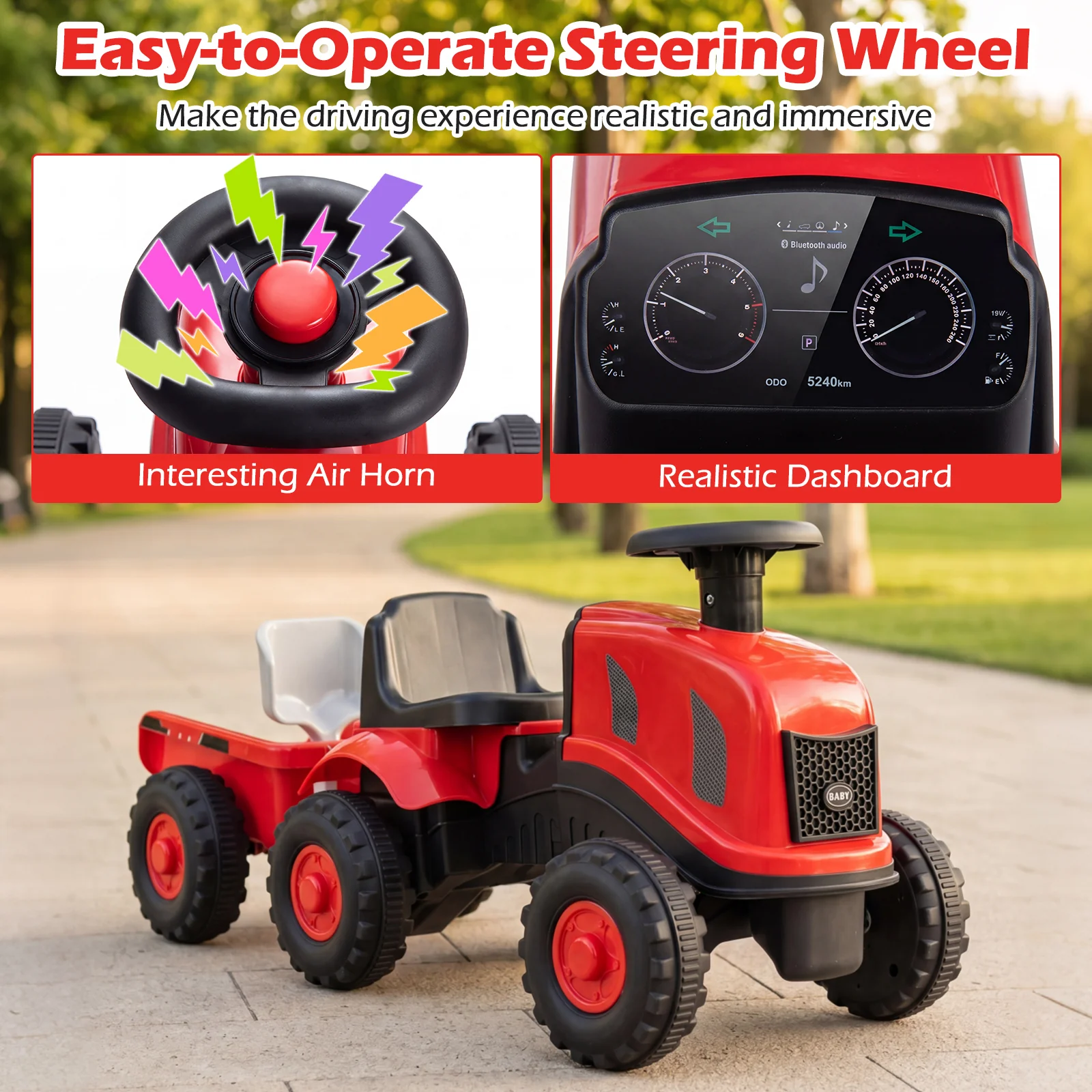 2-in-1 Ride on Tractor with Detachable Trailer, Foot-to-Floor Sliding Car with Air Horn, Dashboard, Shovel and Rake - Image 8