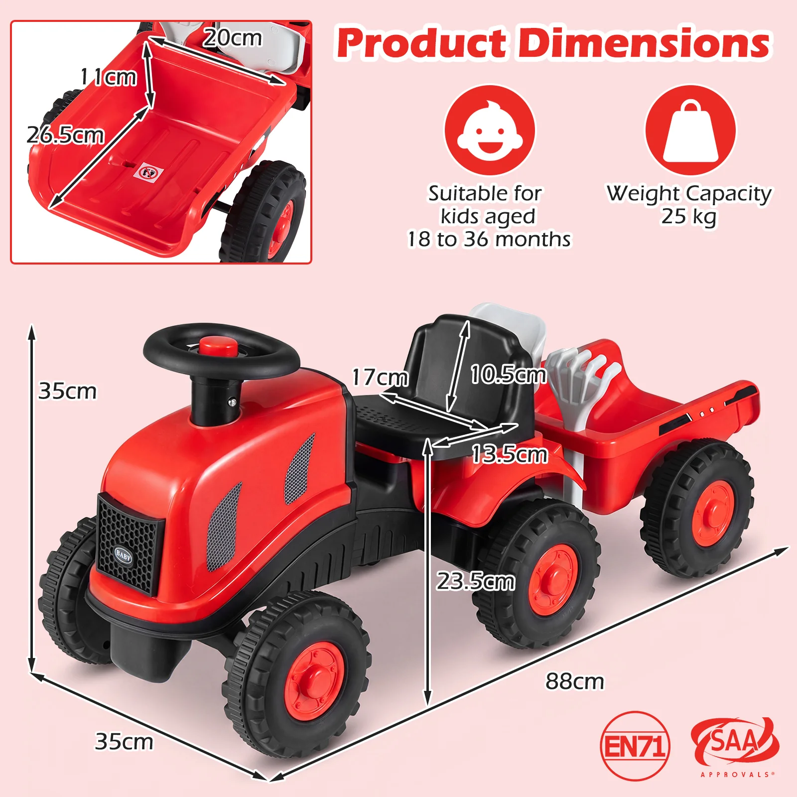 2-in-1 Ride on Tractor with Detachable Trailer, Foot-to-Floor Sliding Car with Air Horn, Dashboard, Shovel and Rake - Image 9