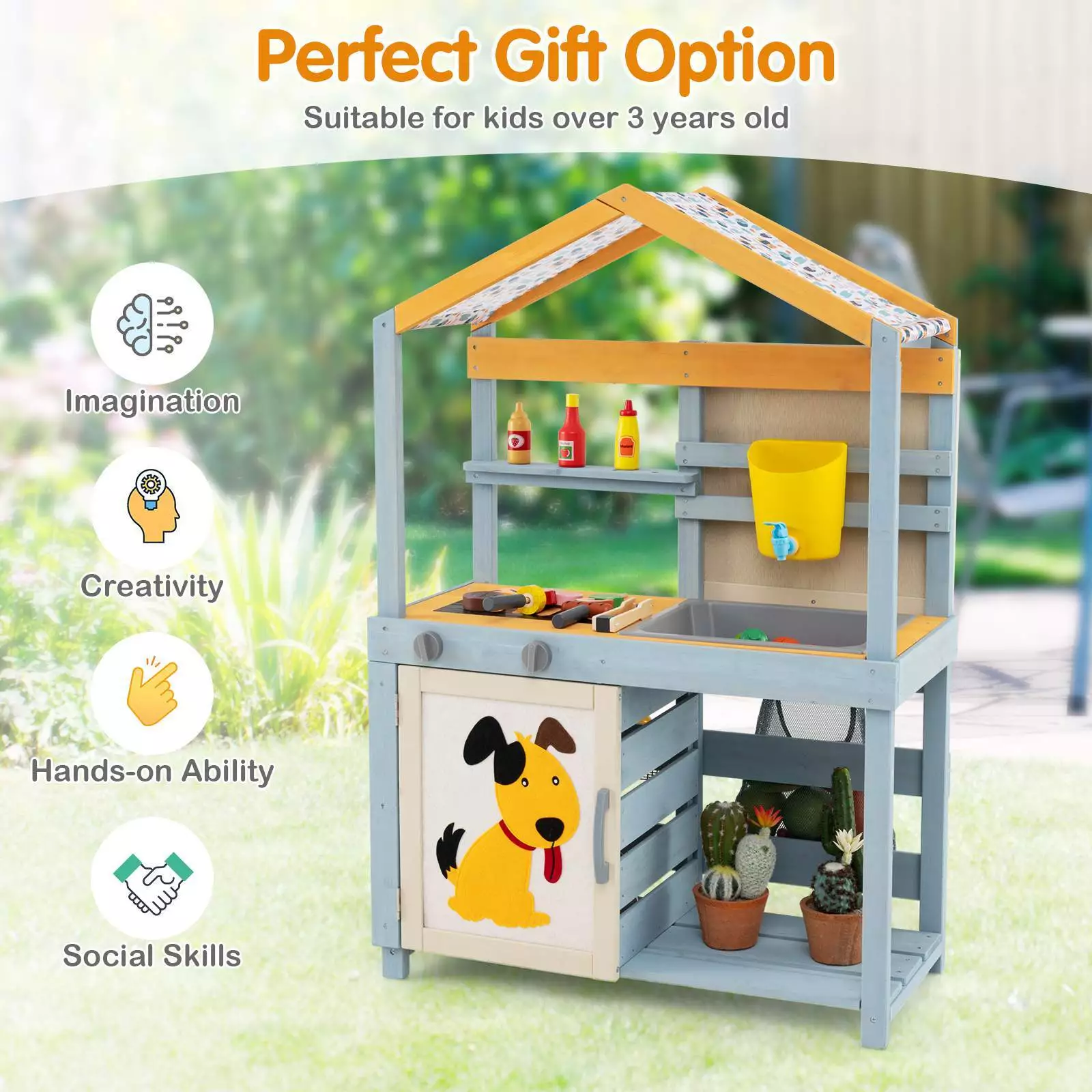 2 in 1 Wood Mud Kitchen Outdoor Pretend Play Kitchen Toy w/Removable Water Box - Image 4