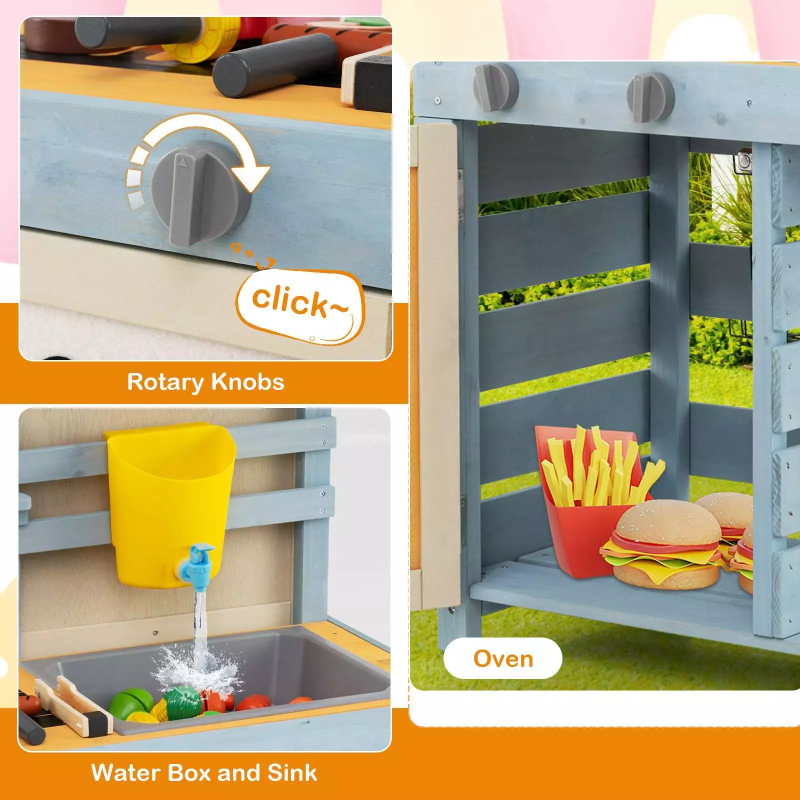 2 in 1 Wood Mud Kitchen Outdoor Pretend Play Kitchen Toy w/Removable Water Box - Image 5