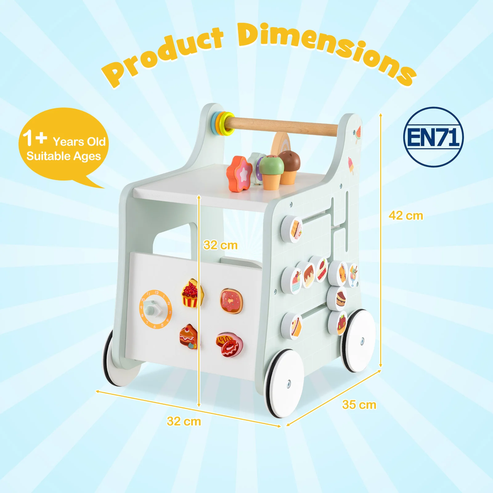 2 in 1 Wooden Baby Walker, Montessori Push & Pull Walking Toy Dessert Ice Cream Cart - Image 4