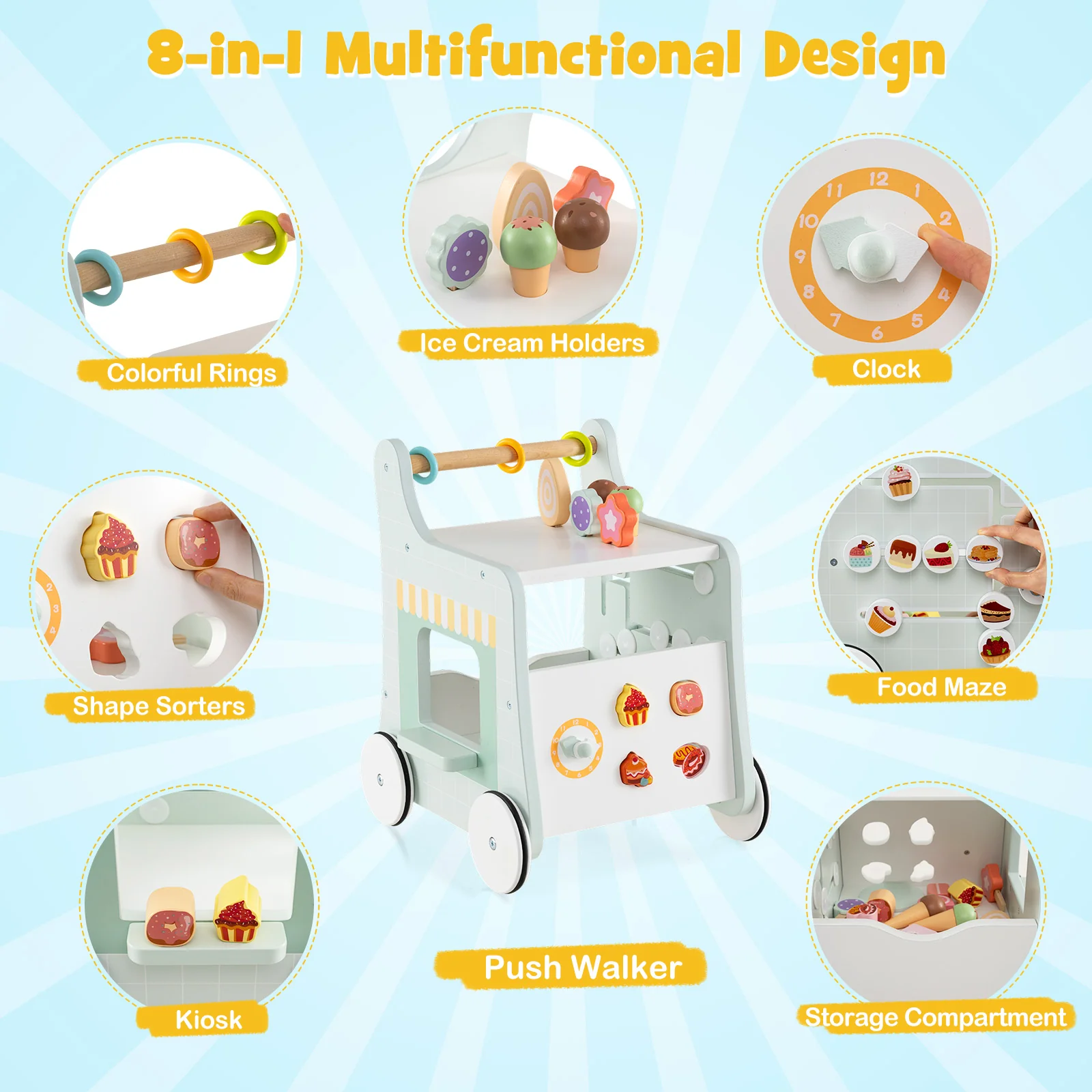 2 in 1 Wooden Baby Walker, Montessori Push & Pull Walking Toy Dessert Ice Cream Cart - Image 5