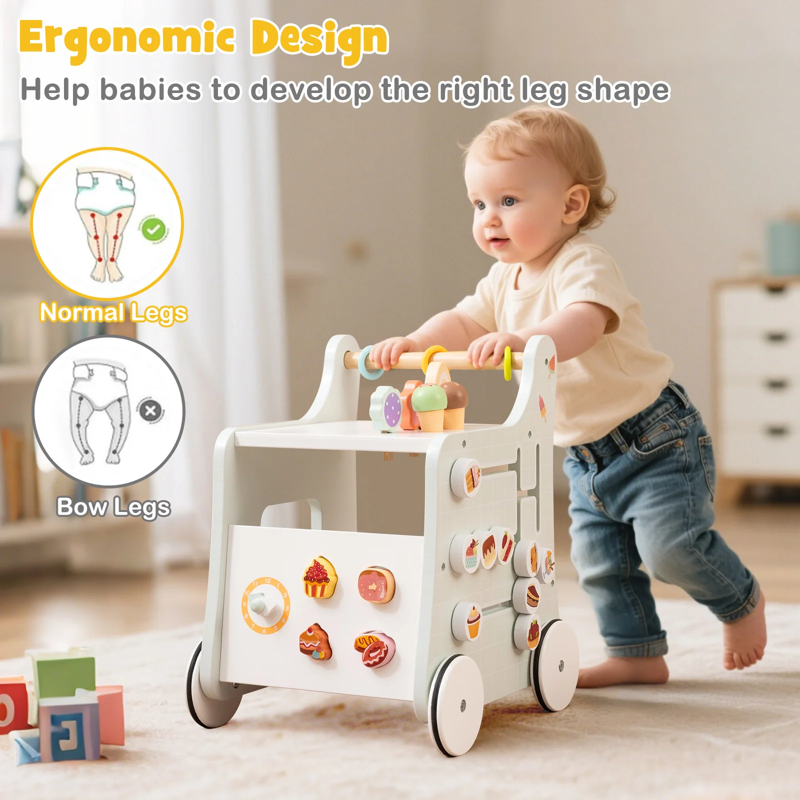 2 in 1 Wooden Baby Walker, Montessori Push & Pull Walking Toy Dessert Ice Cream Cart - Image 6