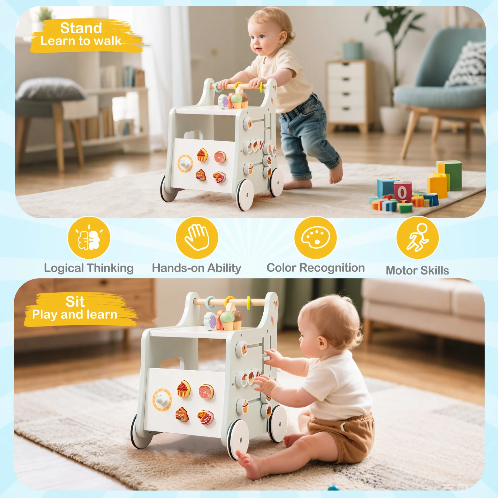 2 in 1 Wooden Baby Walker, Montessori Push & Pull Walking Toy Dessert Ice Cream Cart - Image 7