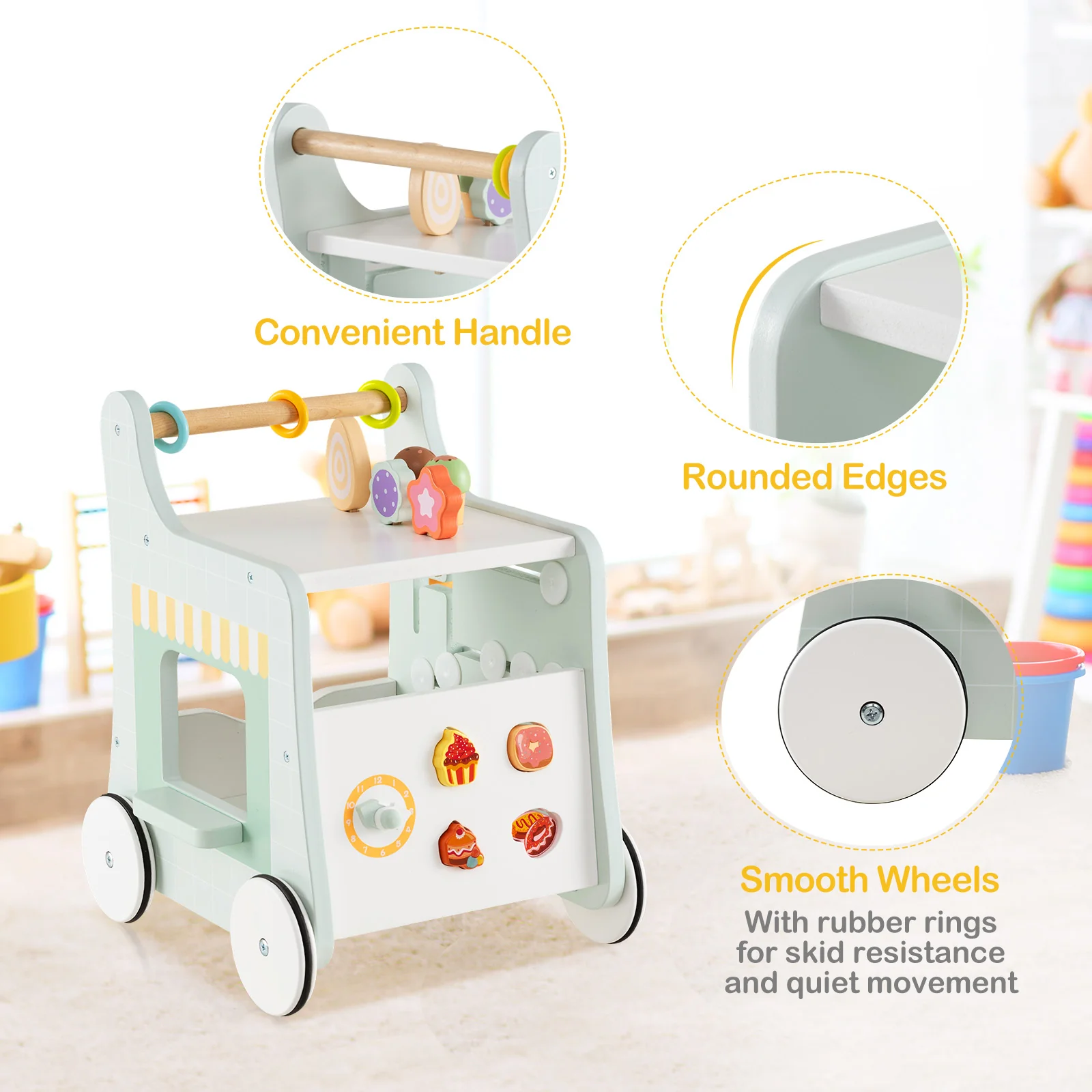 2 in 1 Wooden Baby Walker, Montessori Push & Pull Walking Toy Dessert Ice Cream Cart - Image 9