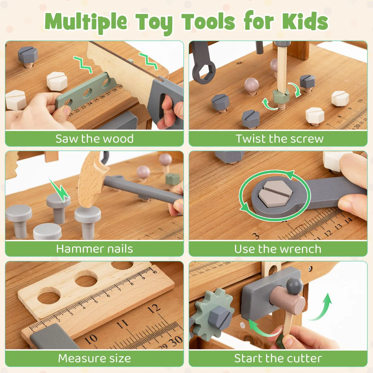 2-in-1 Wooden Kids Cart and Tool Bench with Realistic Tools - Image 4