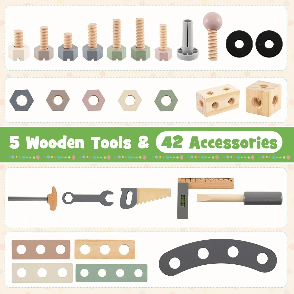 2-in-1 Wooden Kids Cart and Tool Bench with Realistic Tools - Image 6