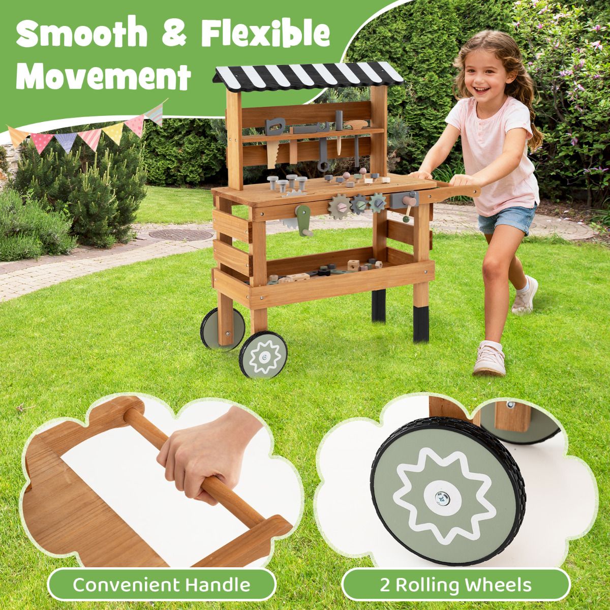 2-in-1 Wooden Kids Cart and Tool Bench with Realistic Tools - Image 7