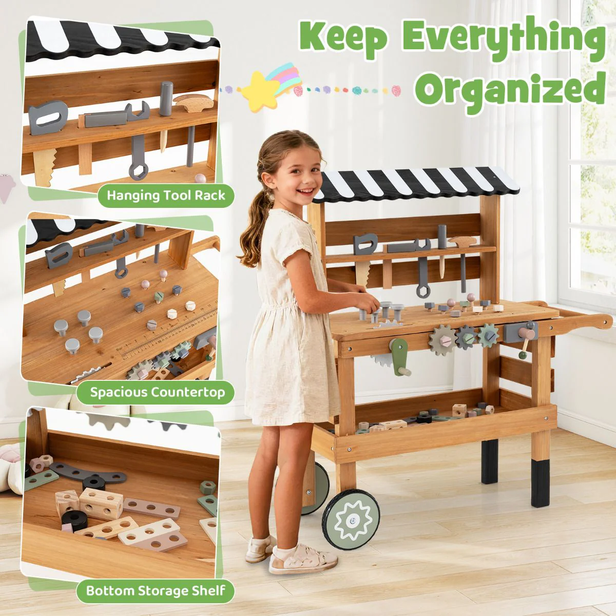 2-in-1 Wooden Kids Cart and Tool Bench with Realistic Tools - Image 8