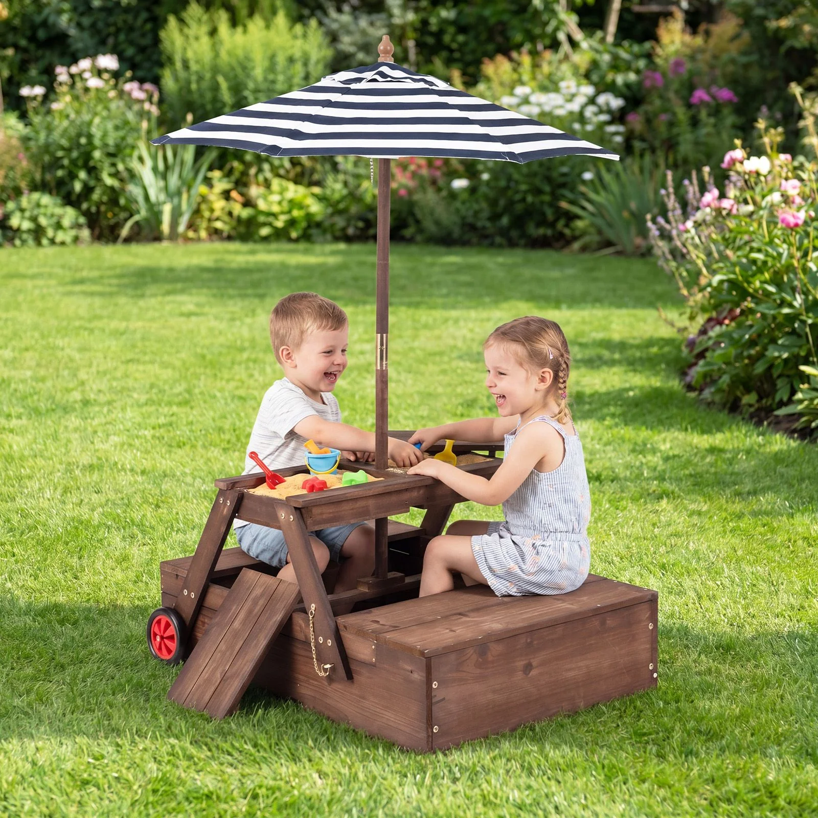 2-in-1 Wooden Sandbox with Foldable Umbrella and Convertible Picnic Table - Image 2