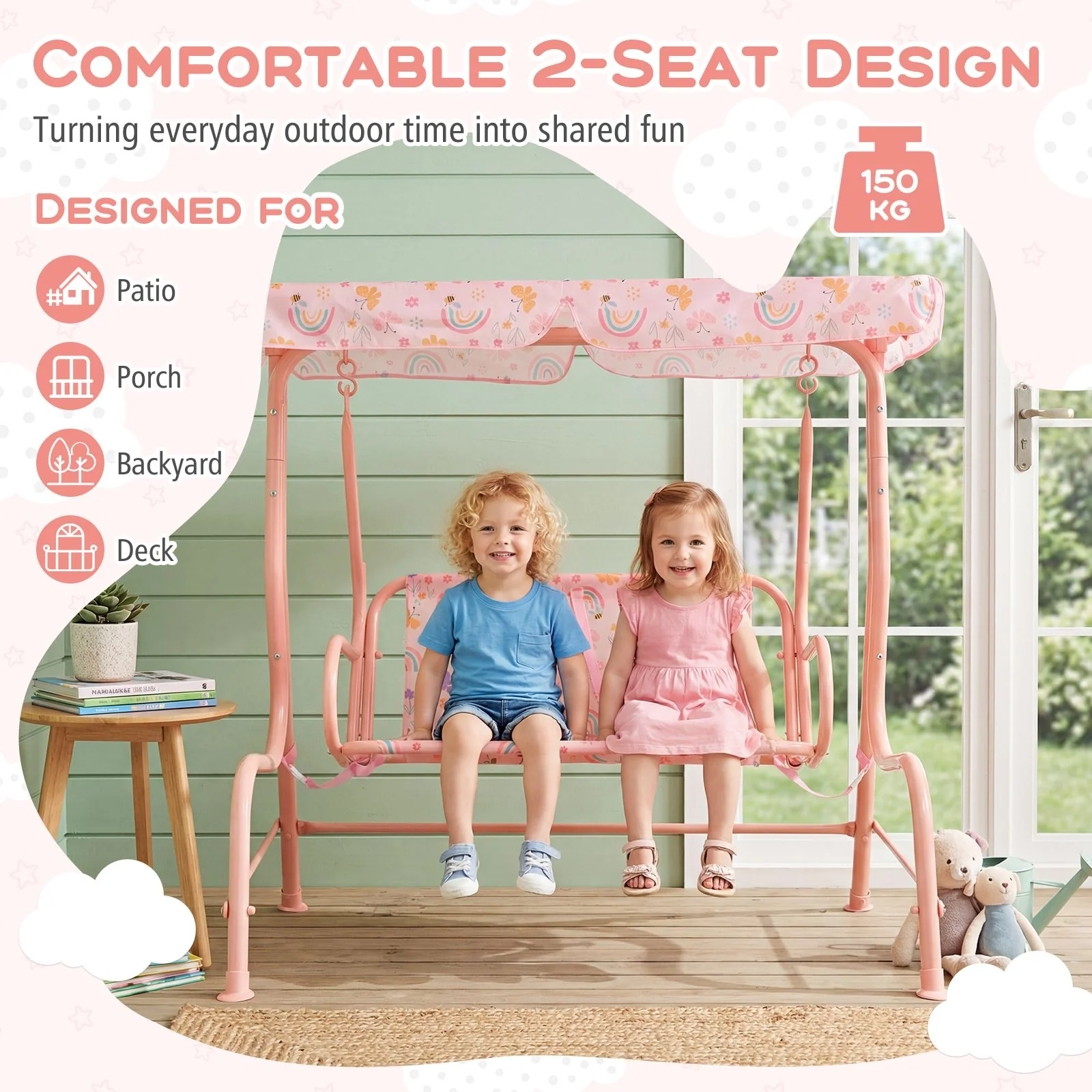 2-Seater Kids Porch Swing with Adjustable Canopy for Backyard and Garden - Image 5