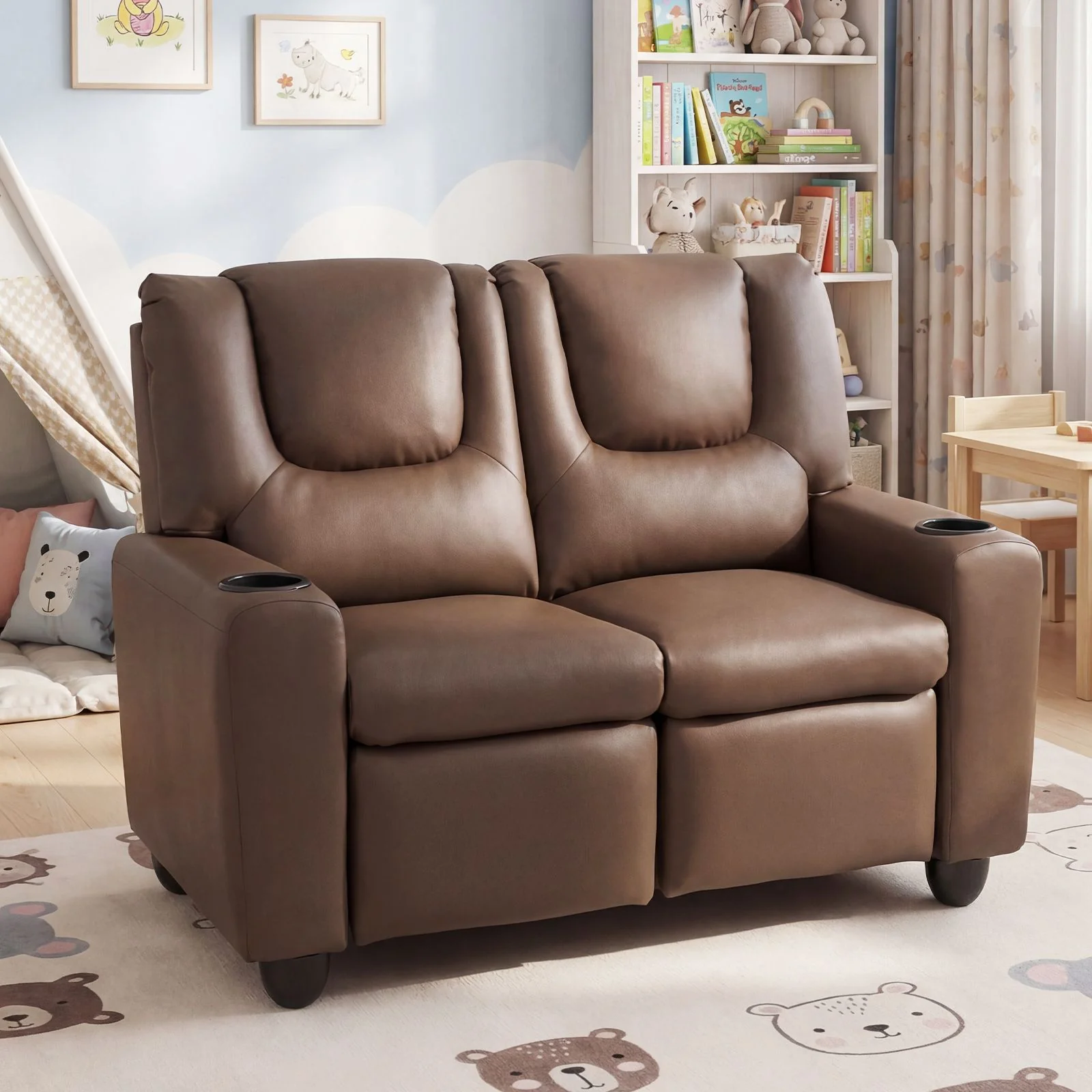 2-Seater Kids Recliner Chair with 2 Cup Holders and 2 Side Storage Pockets - Image 2