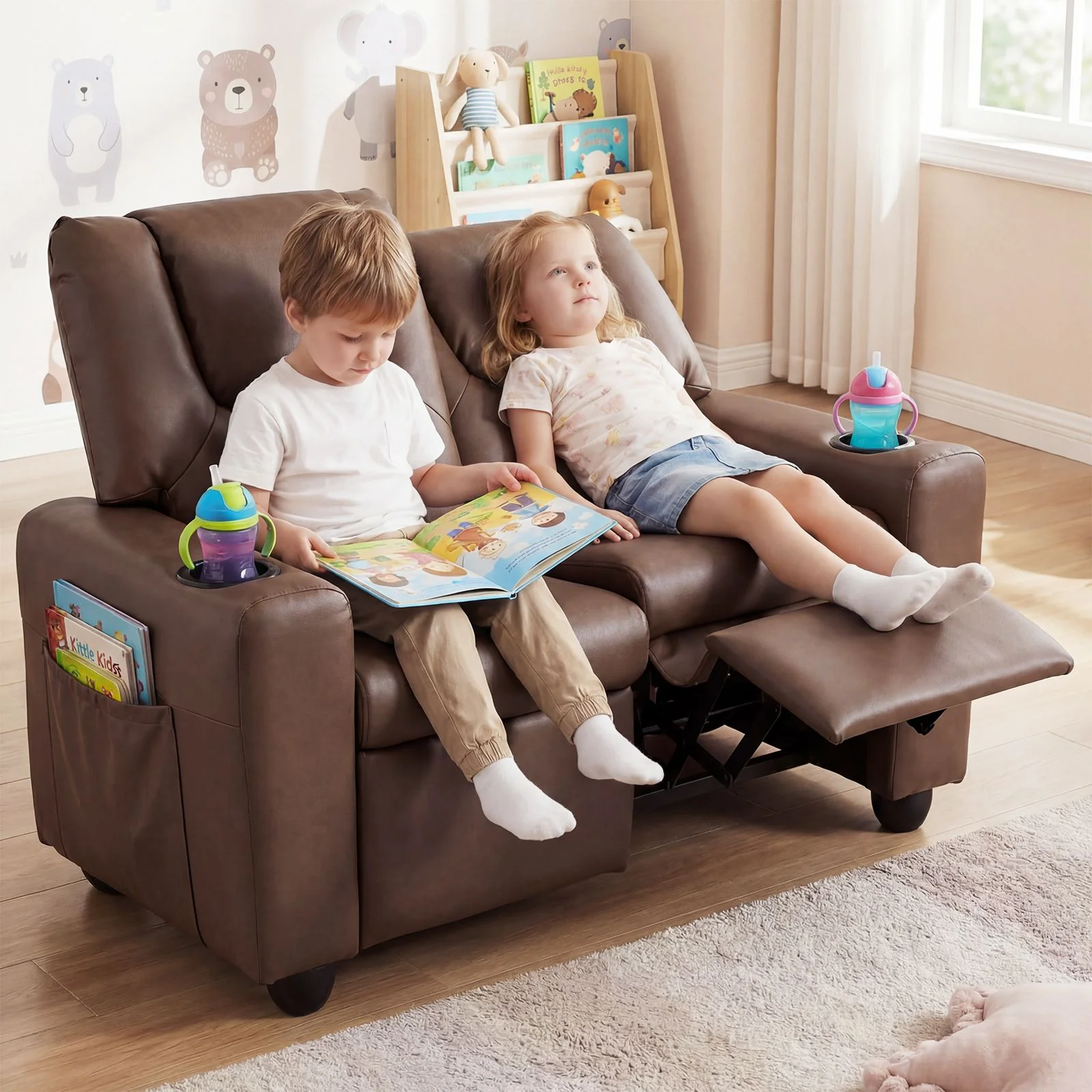 2-Seater Kids Recliner Chair with 2 Cup Holders and 2 Side Storage Pockets - Image 3